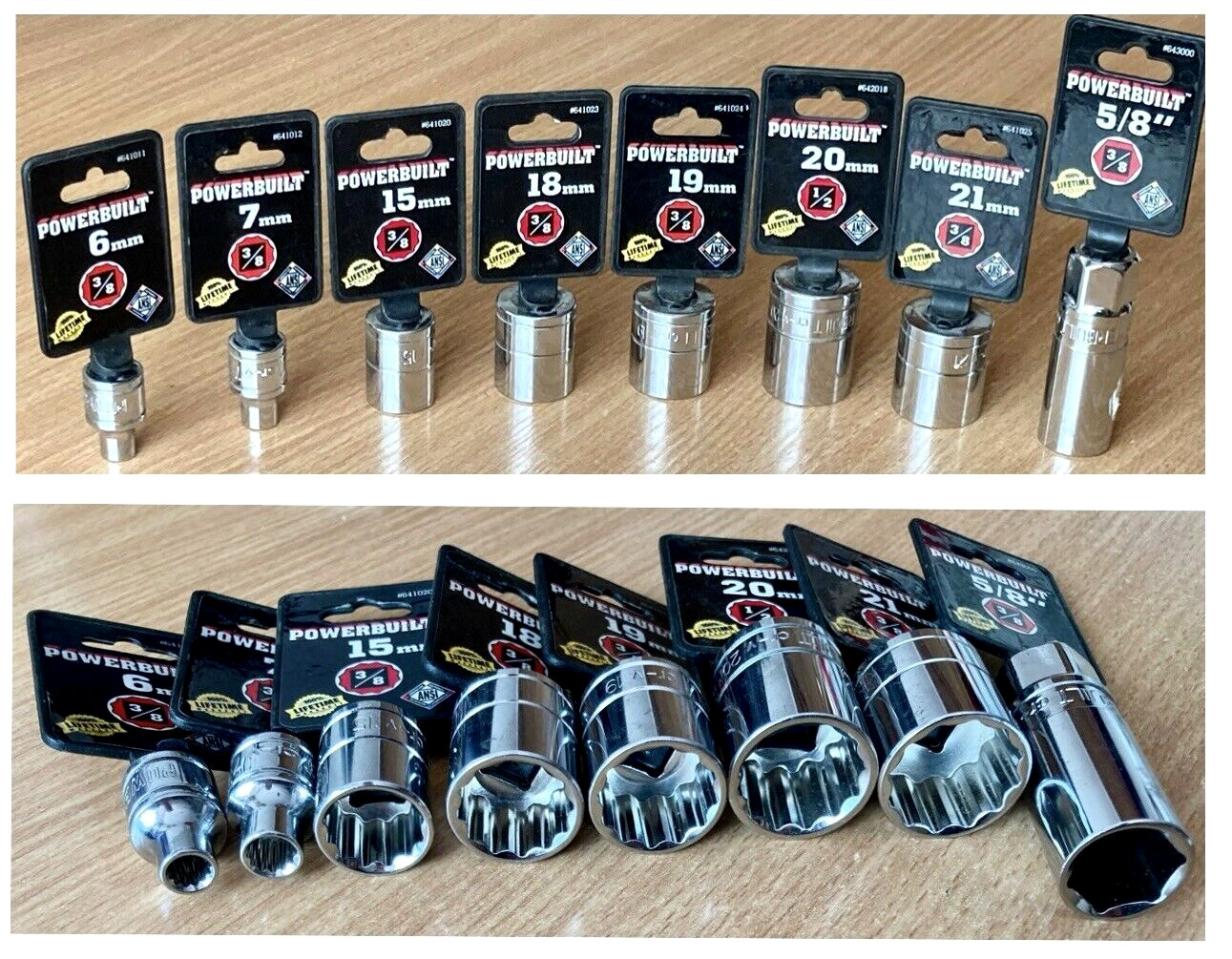 POWERBUILT ⅜ Inch Drive x 6mm,7mm,15mm,18mm,19mm,20mm,21mm,5/8″ Shallow Sockets