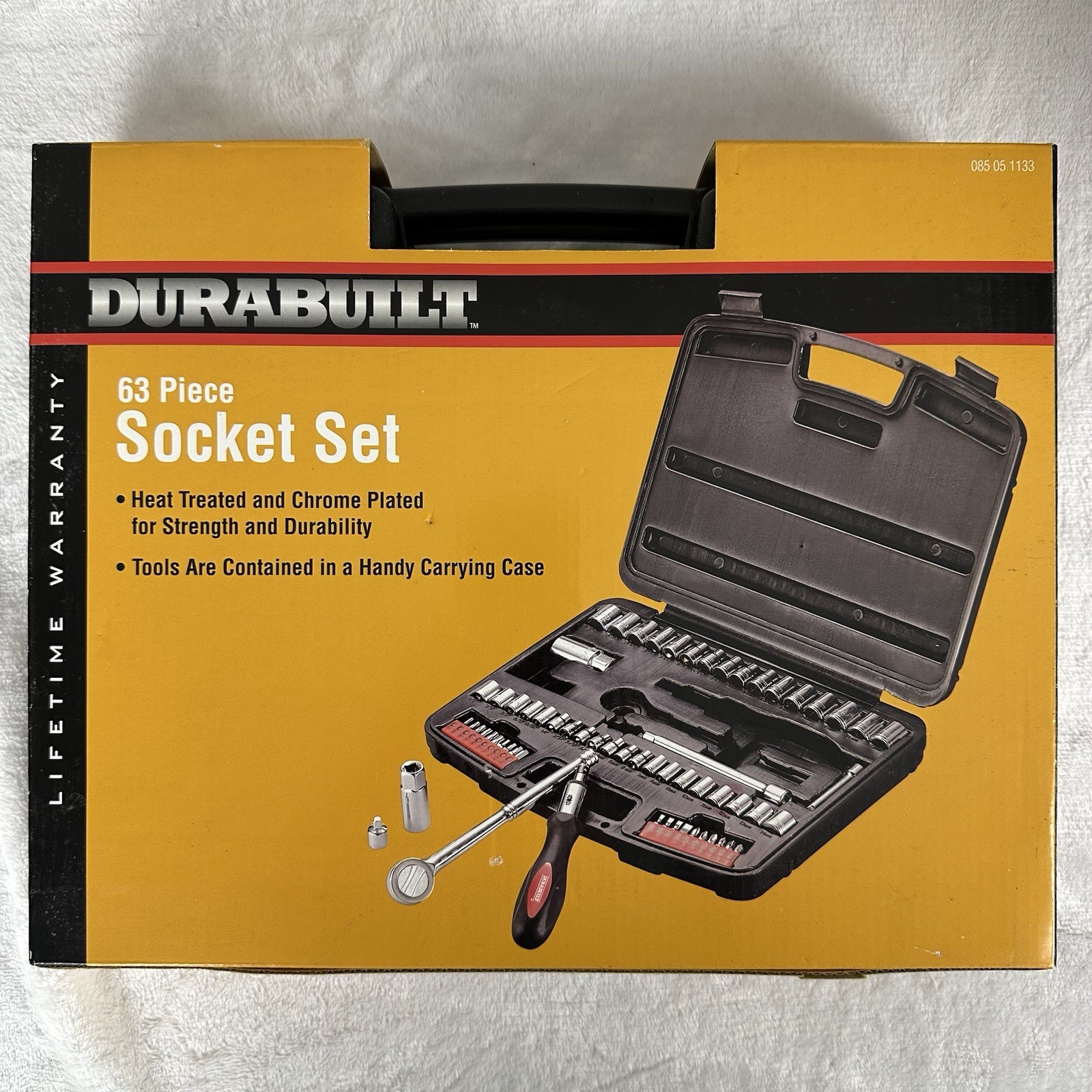 Durabuilt 63 Piece Socket Set, Includes CRV Bits + Ratcheting Drivers, Chrome