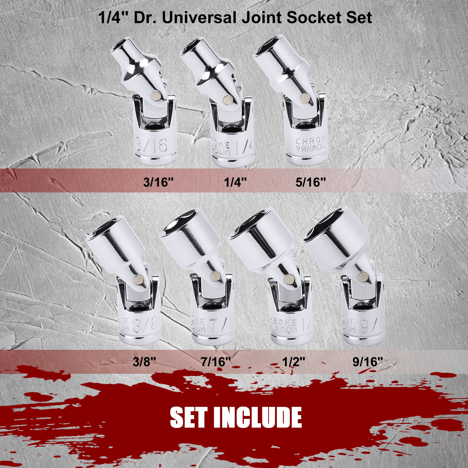 7PCS 1/4″ Drive Universal Flex Socket Set, SAE, 3/16″ to 9/16″, 6-Point, CR-V