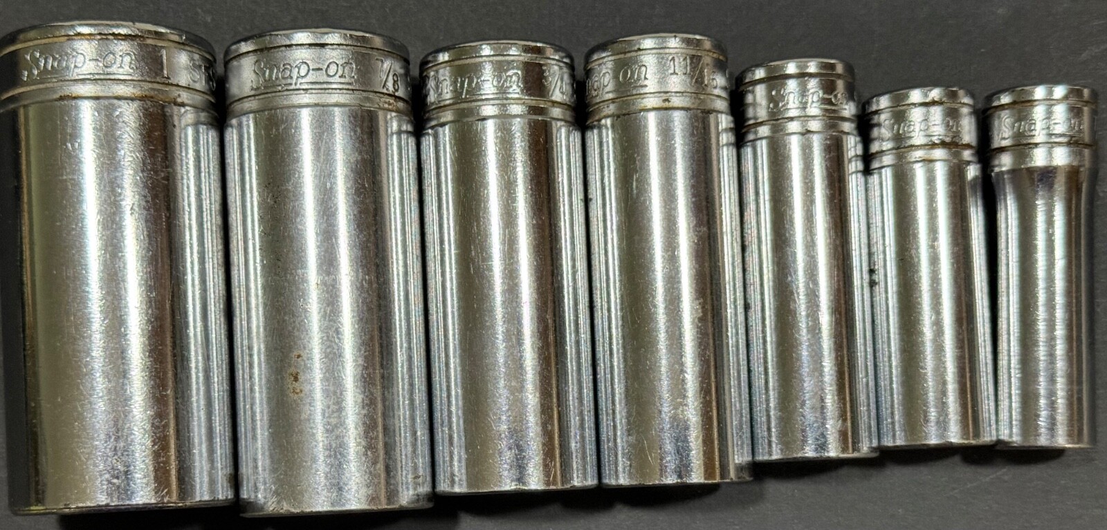 Snap-on 3/8″ Drive 6pt SFS series Deep Socket SAE Flank Drive USA 7 pc set.