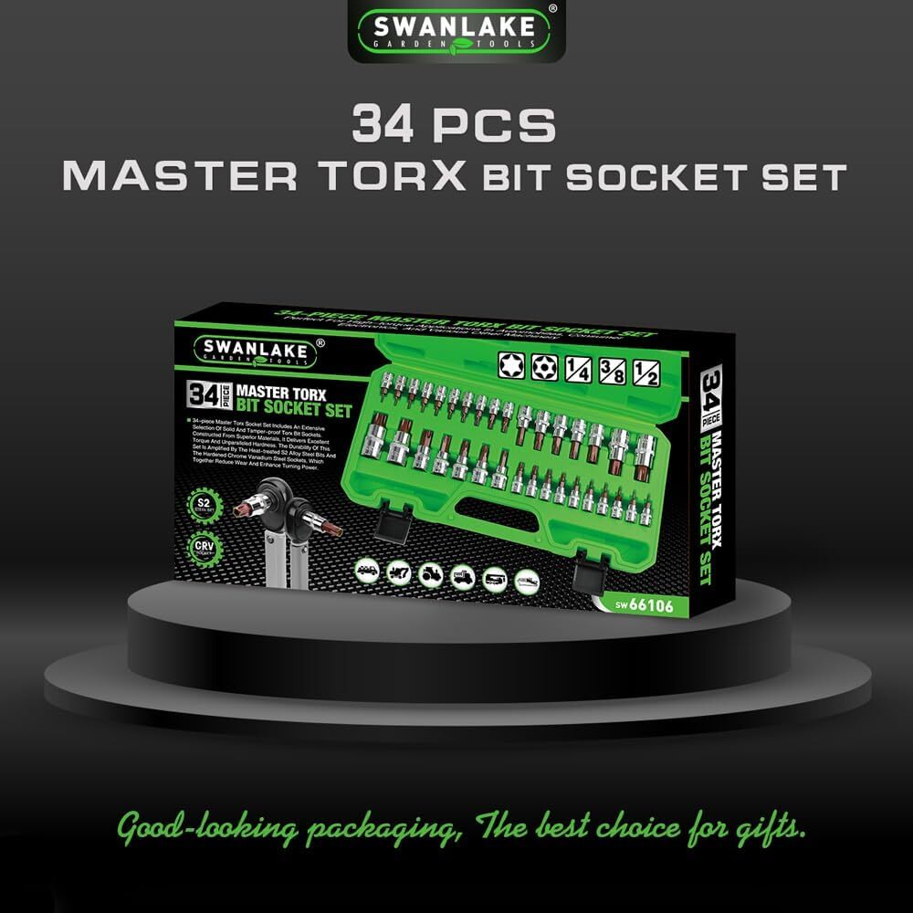SWANLAKE 34PCS Master TORX Bit Socket Set, Premium S2 Alloy Steel, One Size