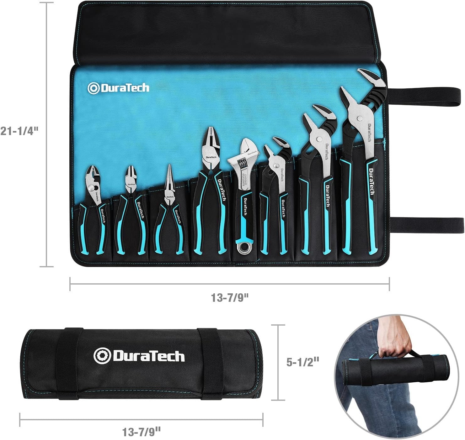DURATECH 8-Piece Pliers Set with Rolling Pouch, 8-Piece, Blue, Silver, Black
