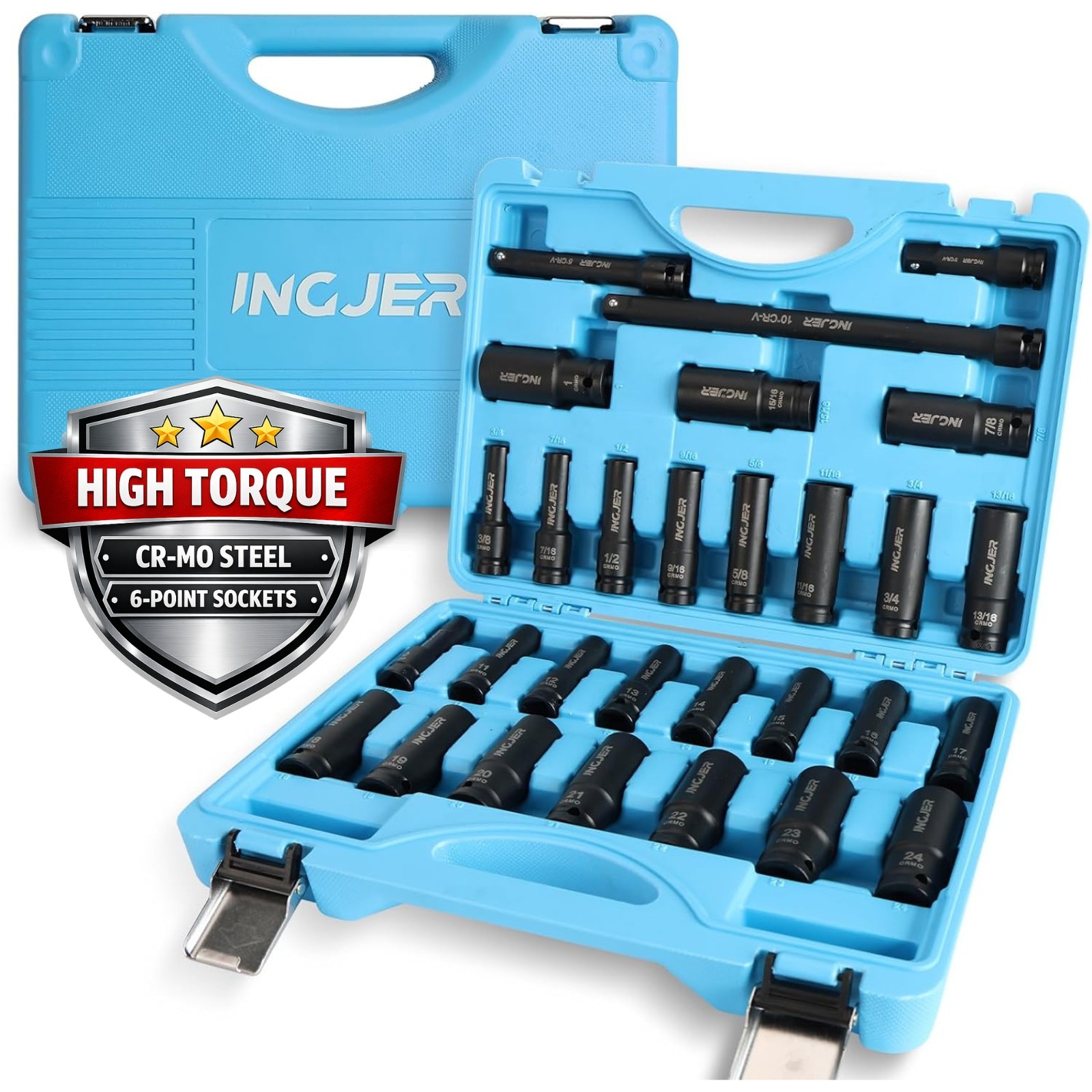 29PCS Impact Socket Set 1/2″ Drive SAE Metric Deep CR-MO w Extensions