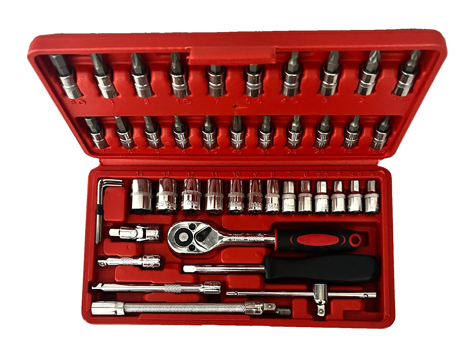 Egofine 46 Piece Socket Set, Hardly Used, In Red Plastic Carrying Case, Preowned