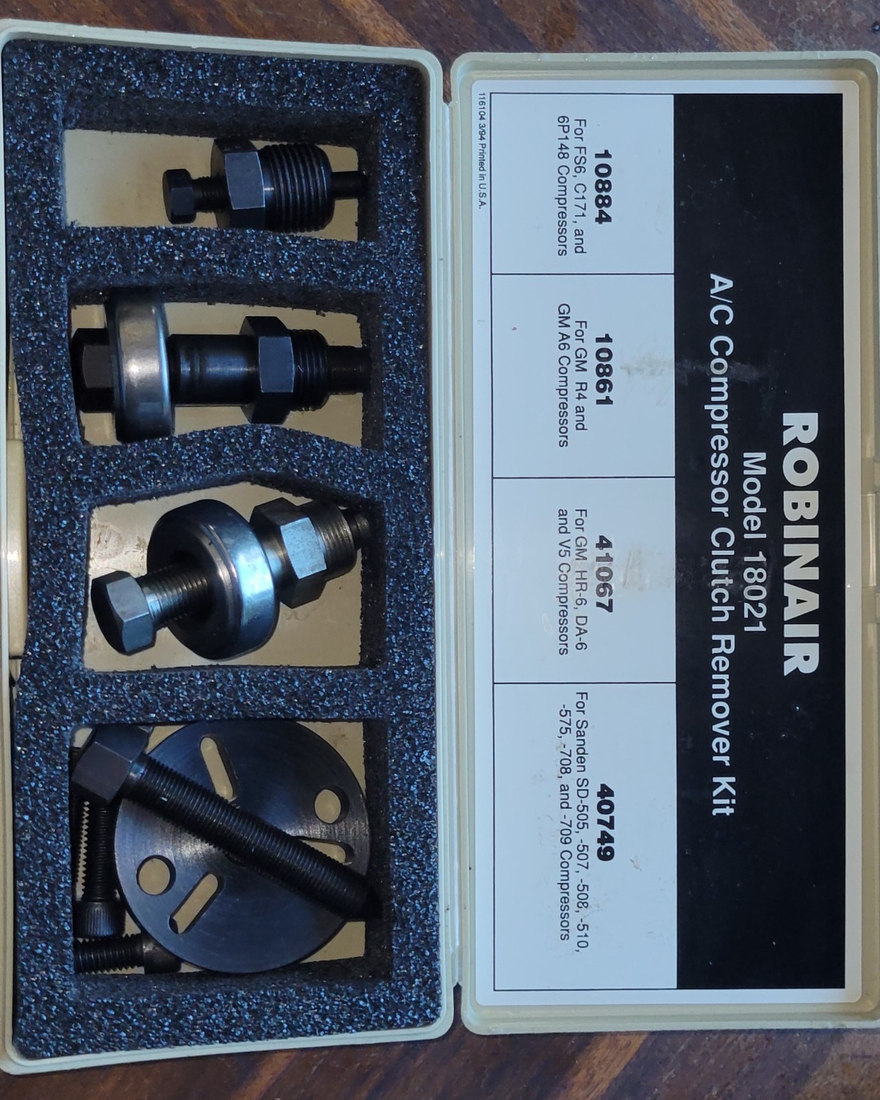 ROBINAIR 18021 A/C COMPRESSOR CLUTCH REMOVER KIT – 10884 10861 41067 40749 CASE