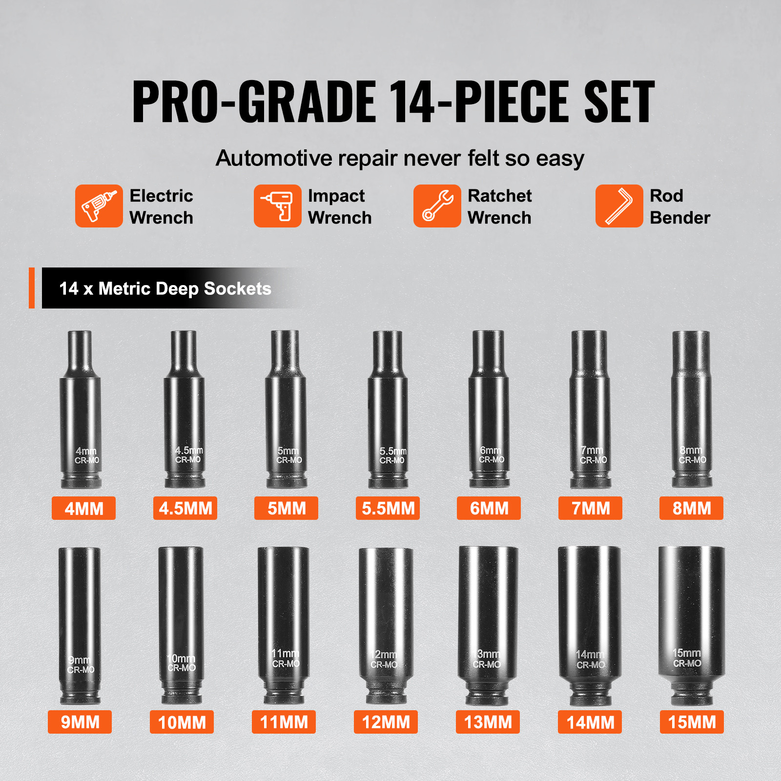 VEVOR Impact Sockets Set 14pcs 6-Point 1/4″ Drive Bit Ratchet Tool Kit Case