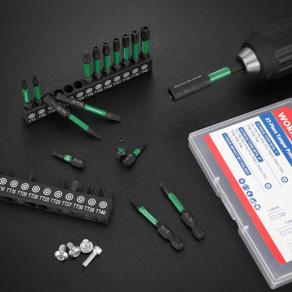 WORKPRO 27PC Impact Torx Bit Set (TT7-TT40) 1/4″ Hex-Shank W/1″&2″ Long Star Bit