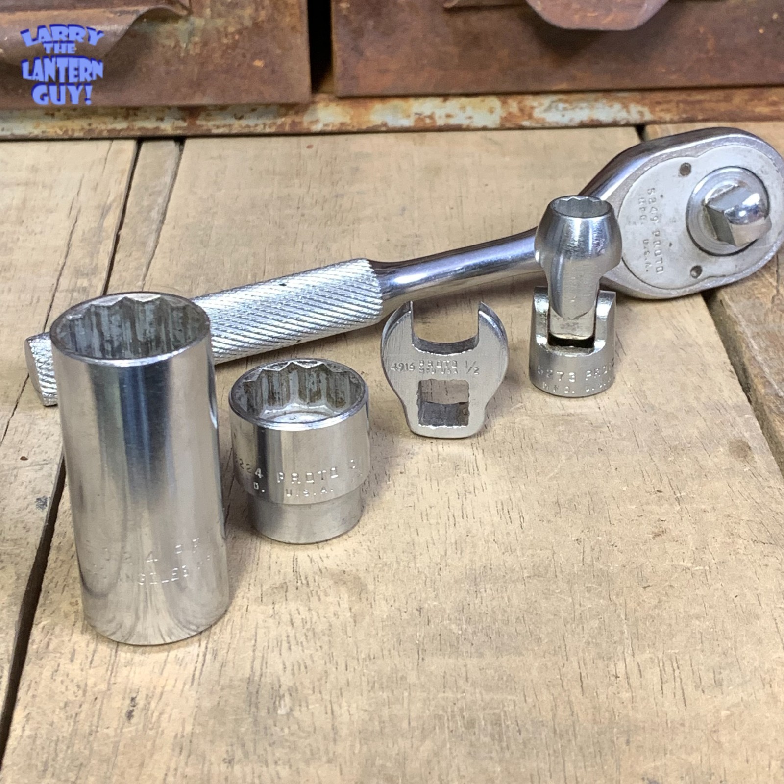 Nice – PROTO 5249 3/8″ drive ratchet & 3 Sockets & 1 Crows Foot – vintage