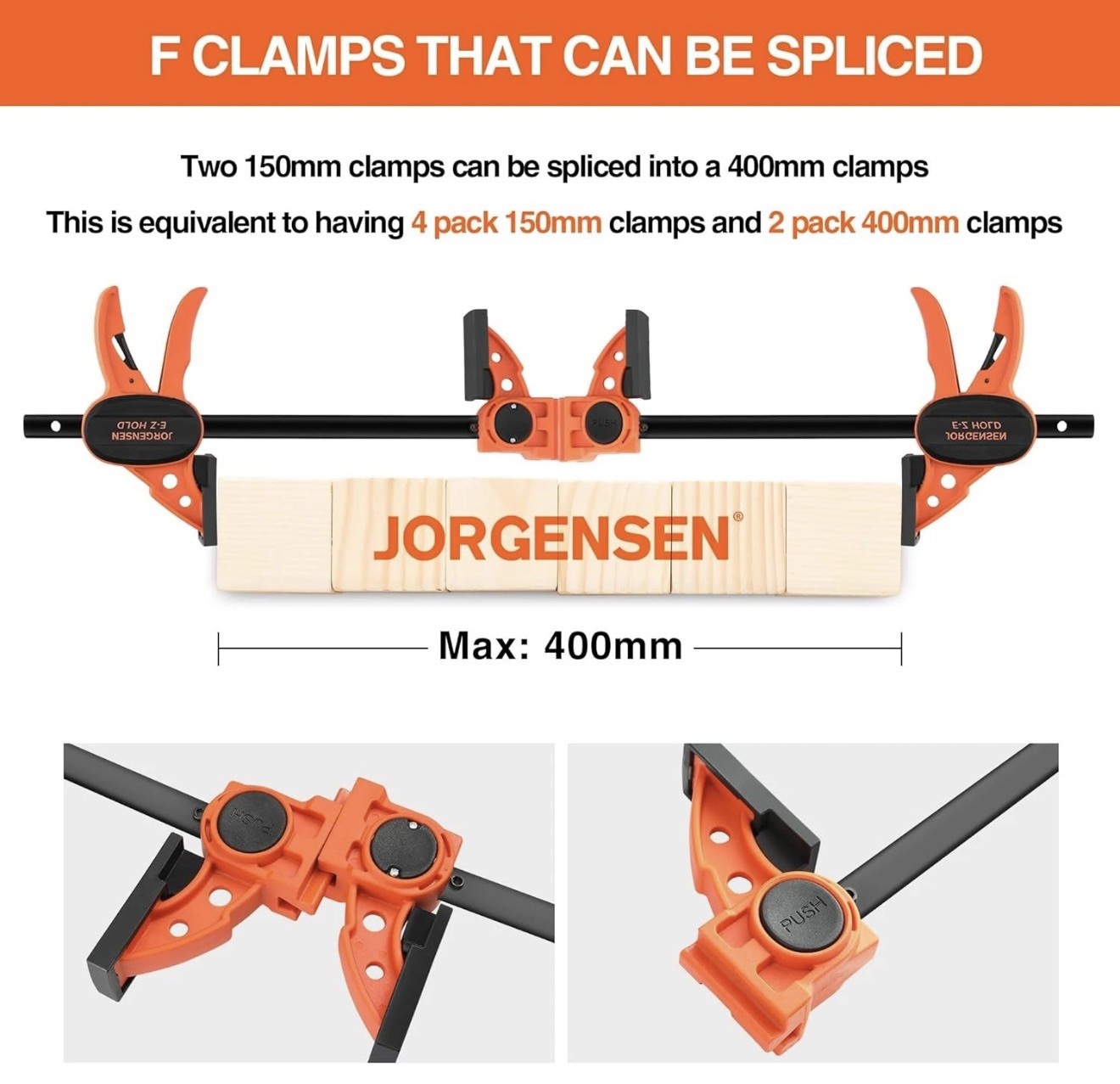 JORGENSEN 150 mm Woodworking Clamps 4-Pack, Splicable to 400 mm Ratchet Bar