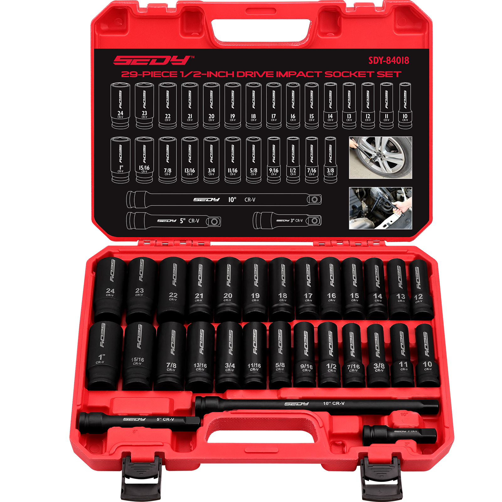 29Pcs 1/2″ Drive Deep Impact Socket Set with Extension Bars SAE and Metric CR-V