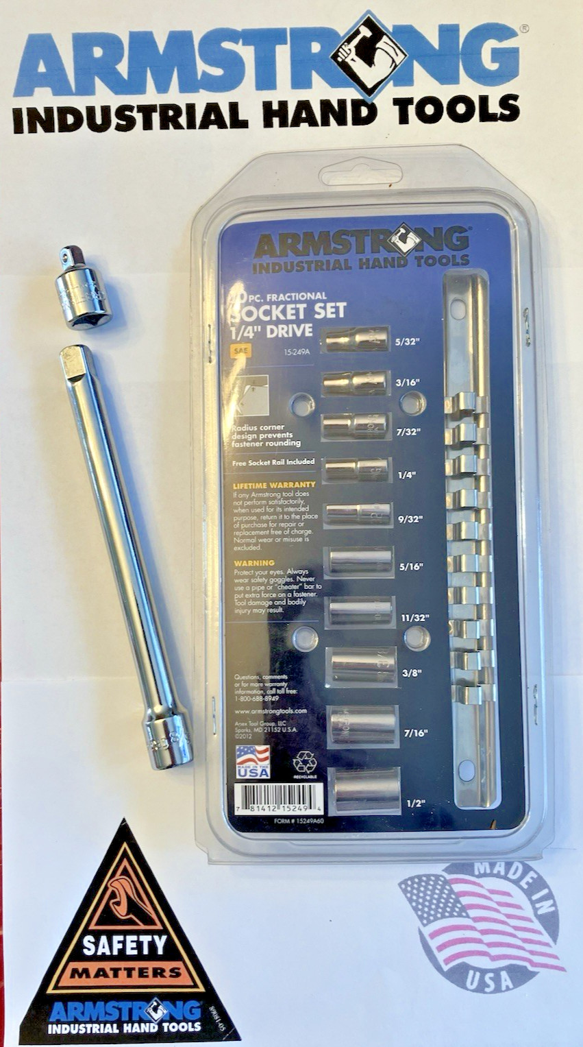 Armstrong USA MADE #15-249A 10pc SAE 1/4” Drive Socket Set W Rail + BONUS
