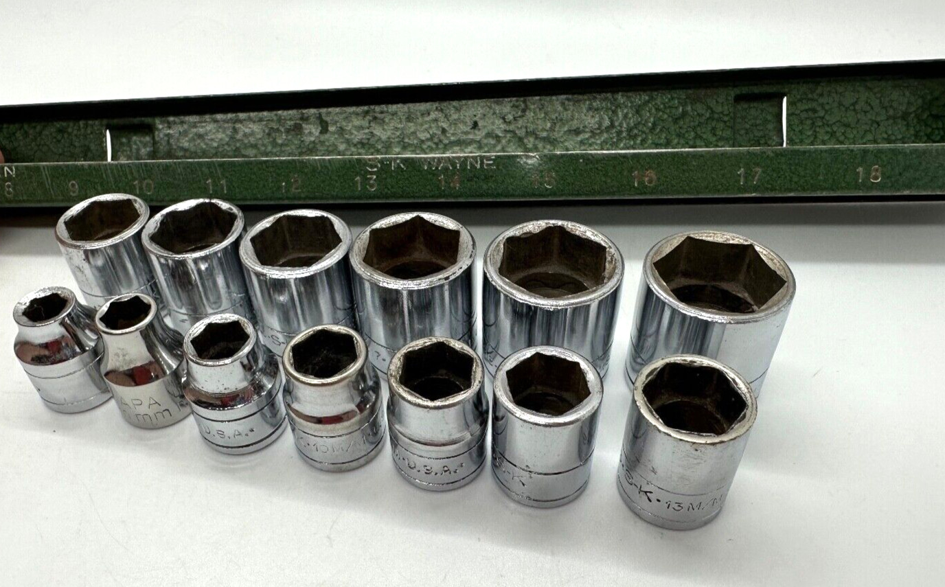🇺🇸 SK Tools USA 7mm-19mm Metric Shallow 3/8″ DR Socket Set lot 6-PT Green Tray