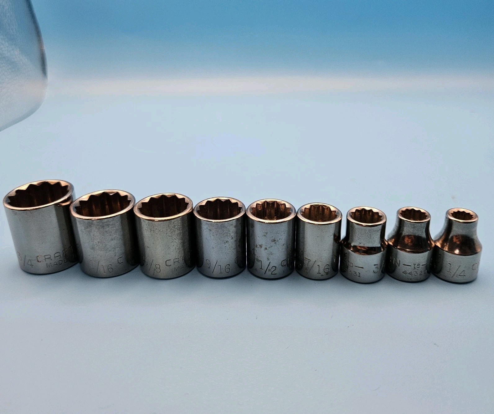 Craftsman 3/8” Drive 9pc, 12pt SAE Shallow Socket Set 1/4” – 3/4″ VTG USA G & G1