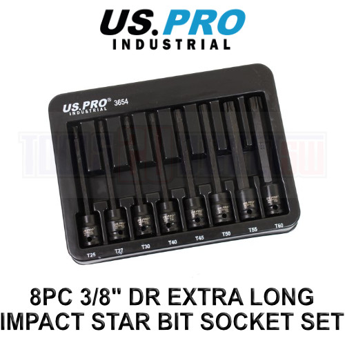 US PRO Industrial 8pc 3/8″ DR Extra Long Impact Star Torx Bit Socket Set T25-T60