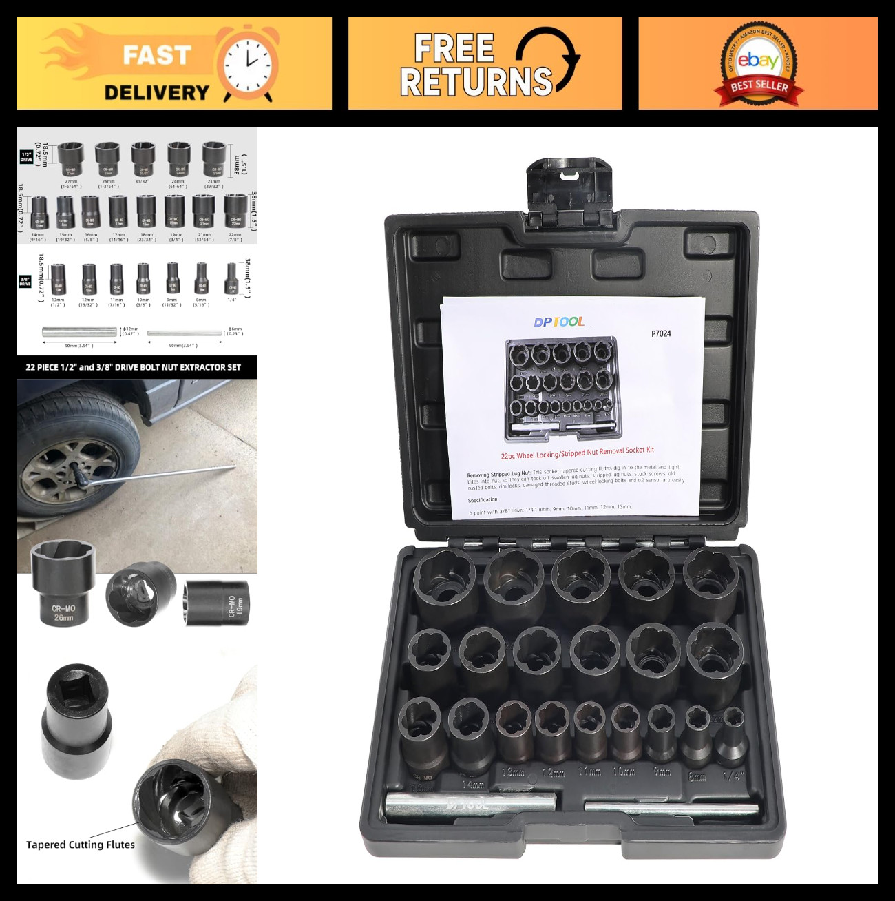 22-Piece Lug Nut Extractor Set, Impact Socket Tool for Damaged & Stripped Nuts