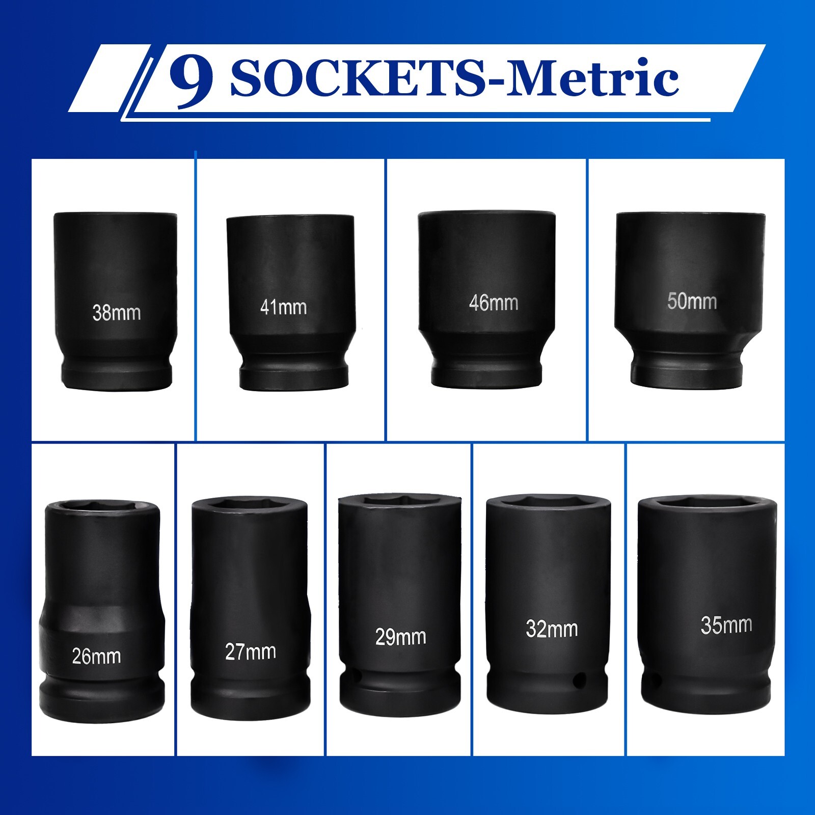 Impact Socket Set: Drive Size 1″, 9 Pieces, 26/27mm,29/32/35/38/41/46/50mm JumBo