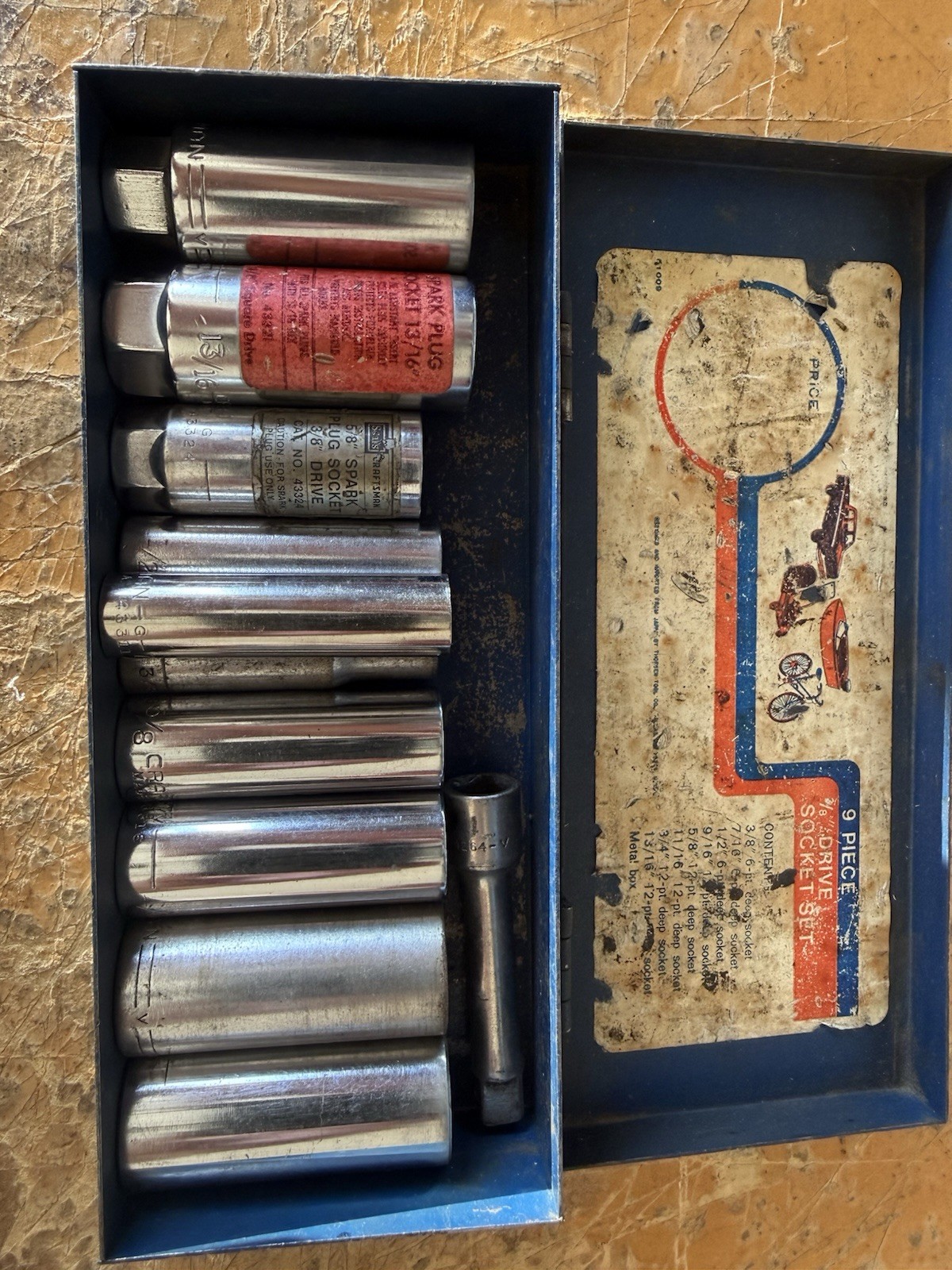 Craftsman USA 3/8 Drive Deep Socket Lot 12 Point Spark Plug Sockets Metal Case