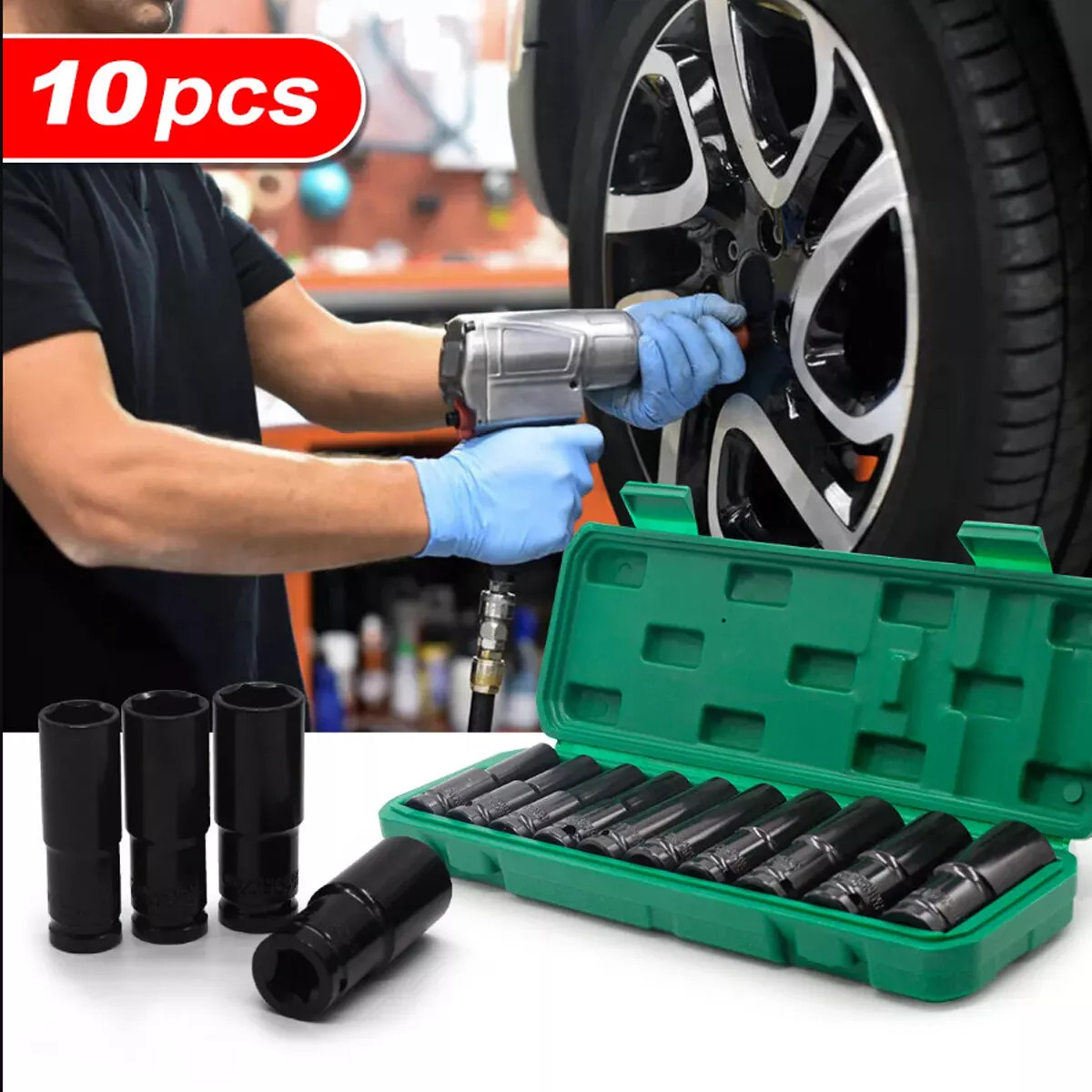 10pcs Metric Deep Impact Socket 1/2″ Drive 10mm-24mm 6 Point Sockets w/ Case Set