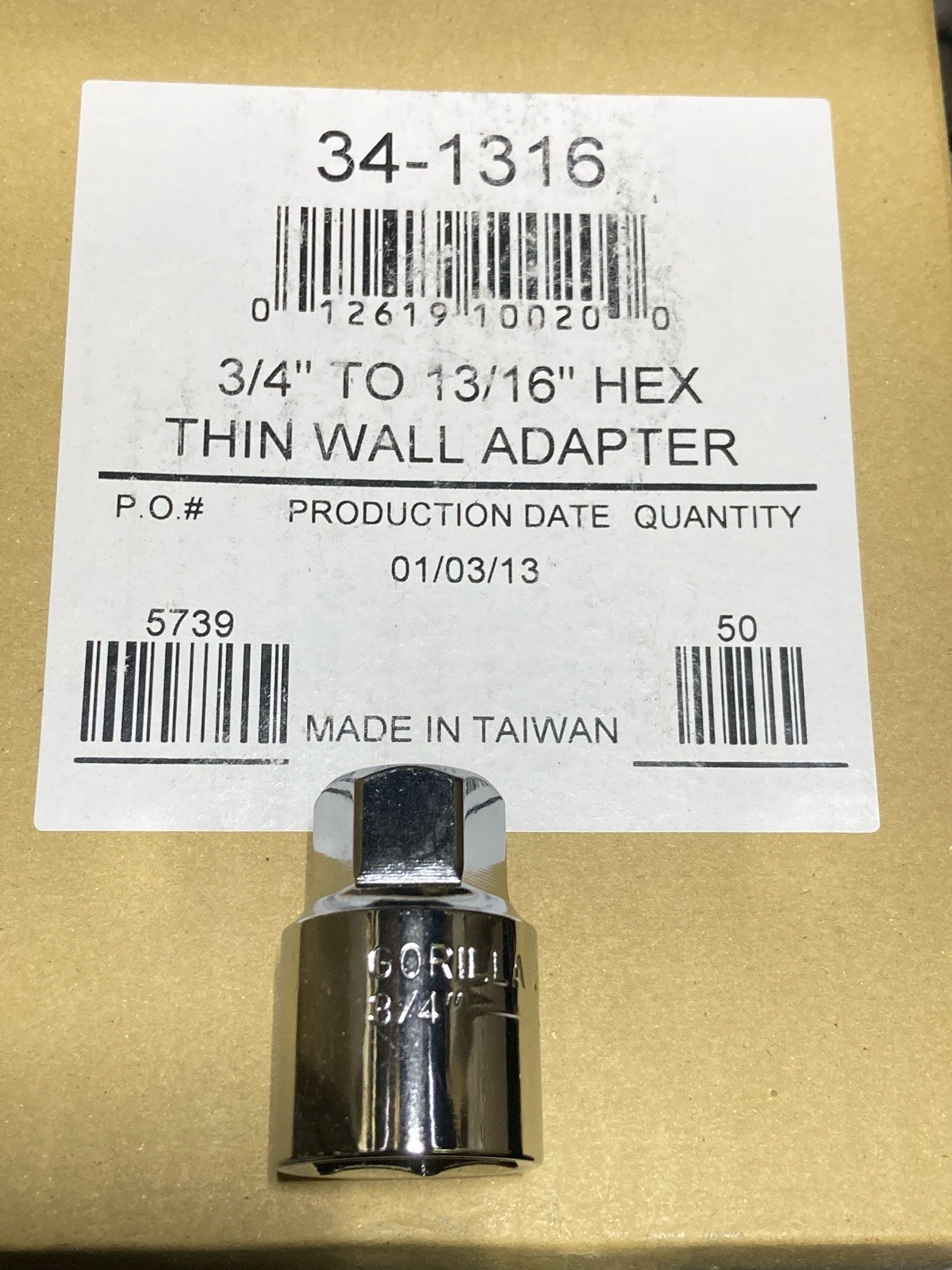 GORILLA 3/4″ TO 13/16″‘ HEX THIN WALL ADAPTER (50count) FREE SHIPPING ! 34-1316