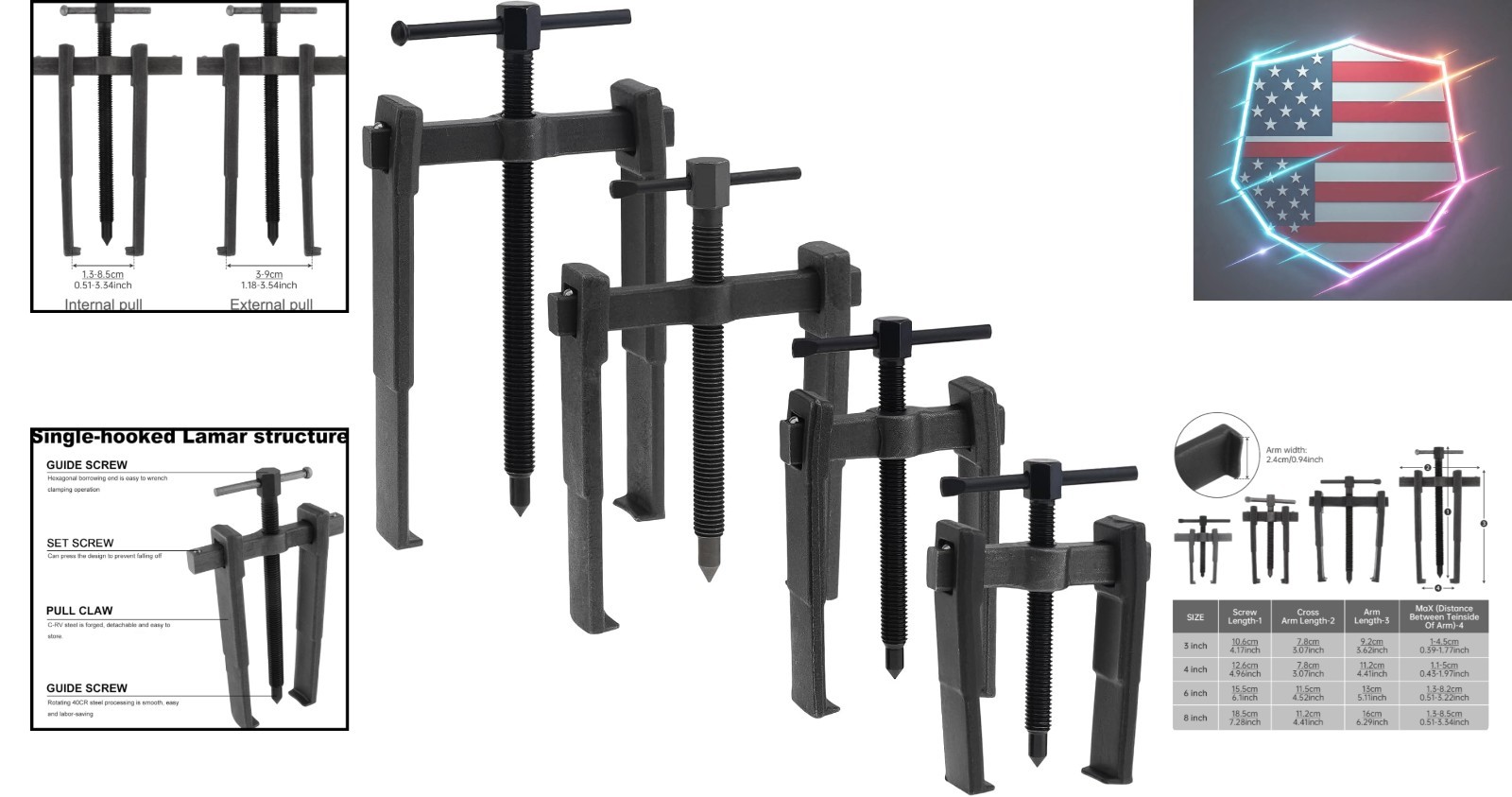 4 Pcs 2 Jaw Gear Puller Set 3/4/6/8 Inch – Heavy Duty Carbon Steel Reversible..,