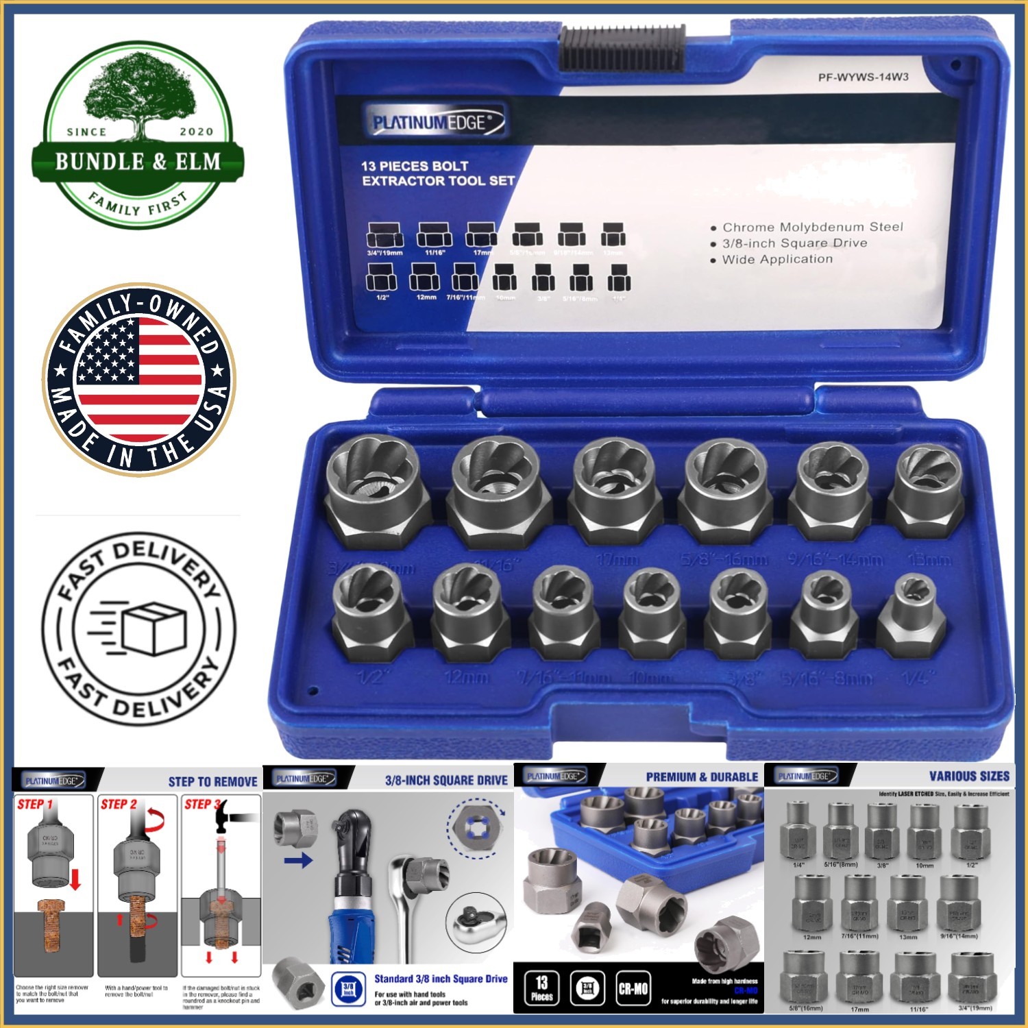 13-Piece Impact Bolt and Nut Remover Set with Storage Case for Easy Extraction