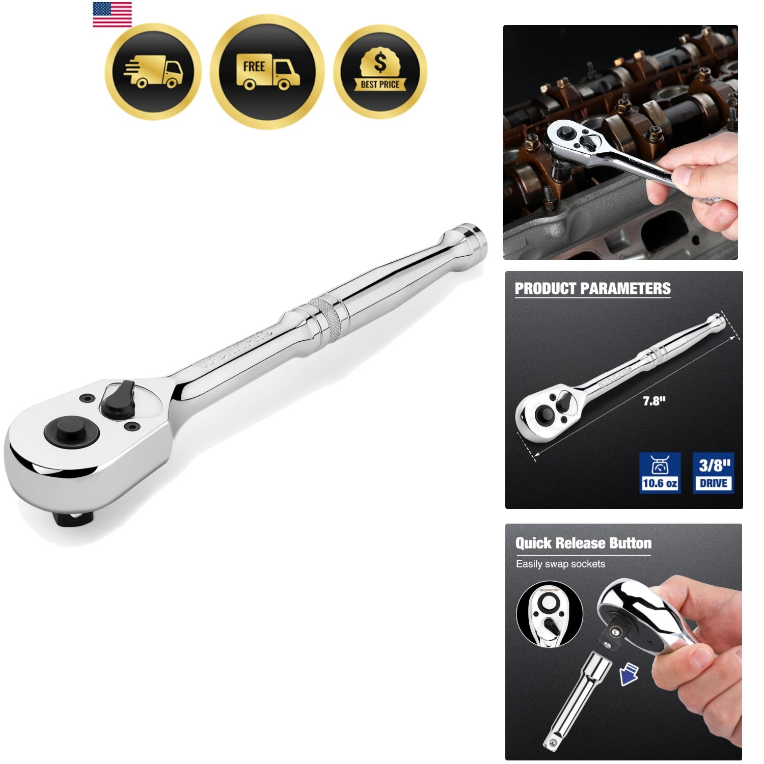 3/8-Inch Drive Ratchet, Quick-Release Reversible Ratchet Wrench, 72-Tooth 3/8…
