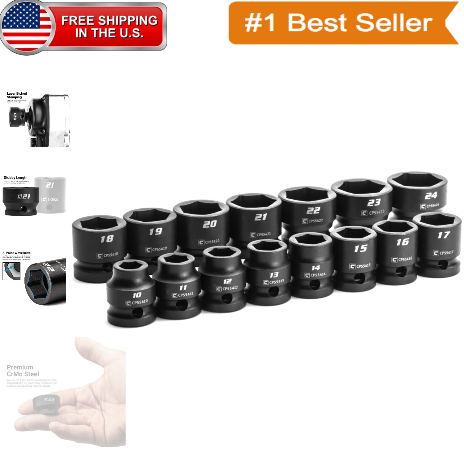 15-Piece Stubby Impact Socket Set, 1/2 in. Drive – 10 to 24 mm, Metric Endurance
