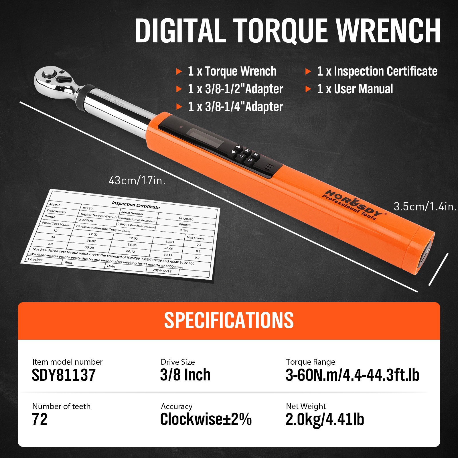 3/8» Digital Torque Wrench Set Electronic Adjustable 4.4~44.3Ft-Lb/3-60N.m