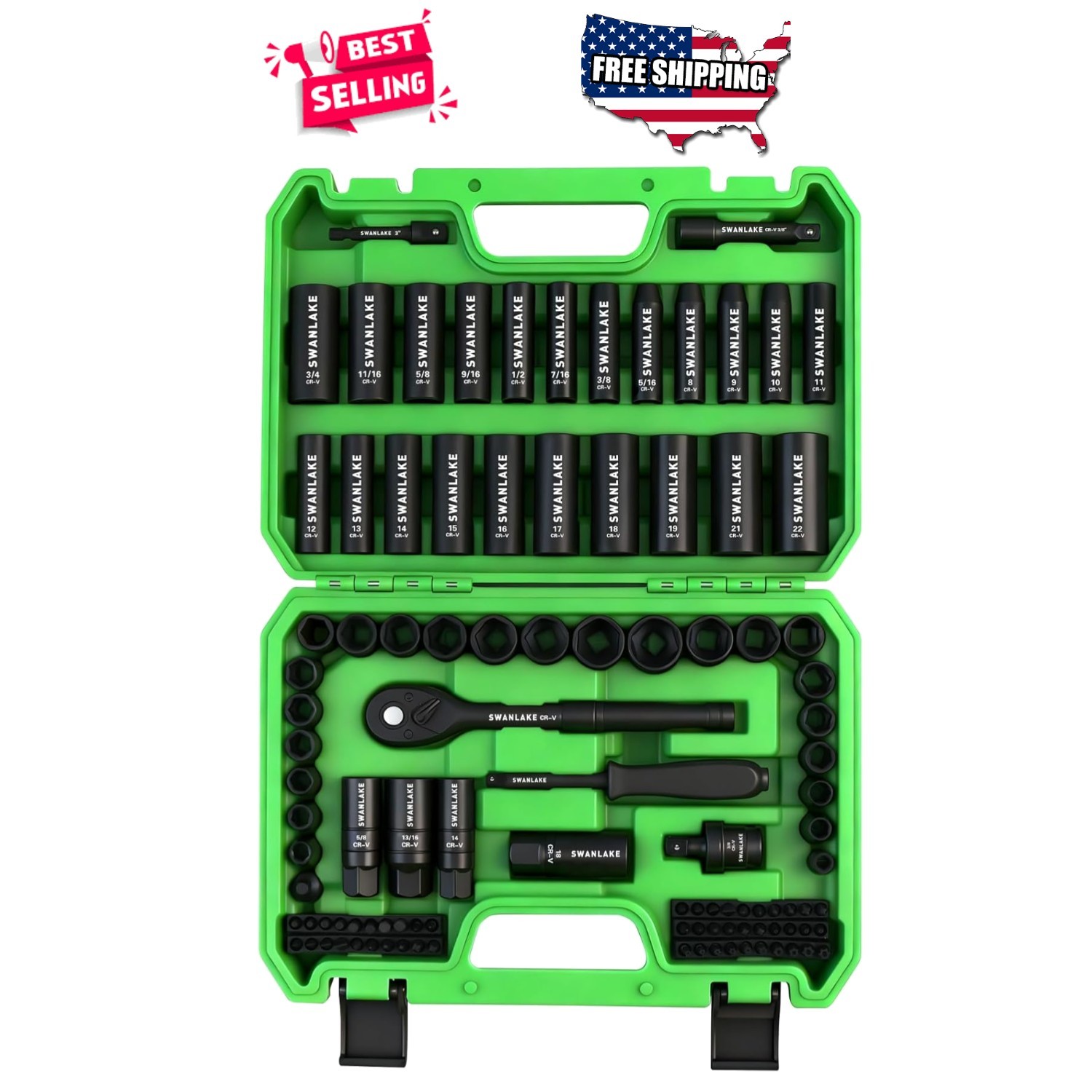3/8 Inch Drive Impact Socket Set 105 Piece SAE Metric 6 Point CR-V Extension Bar