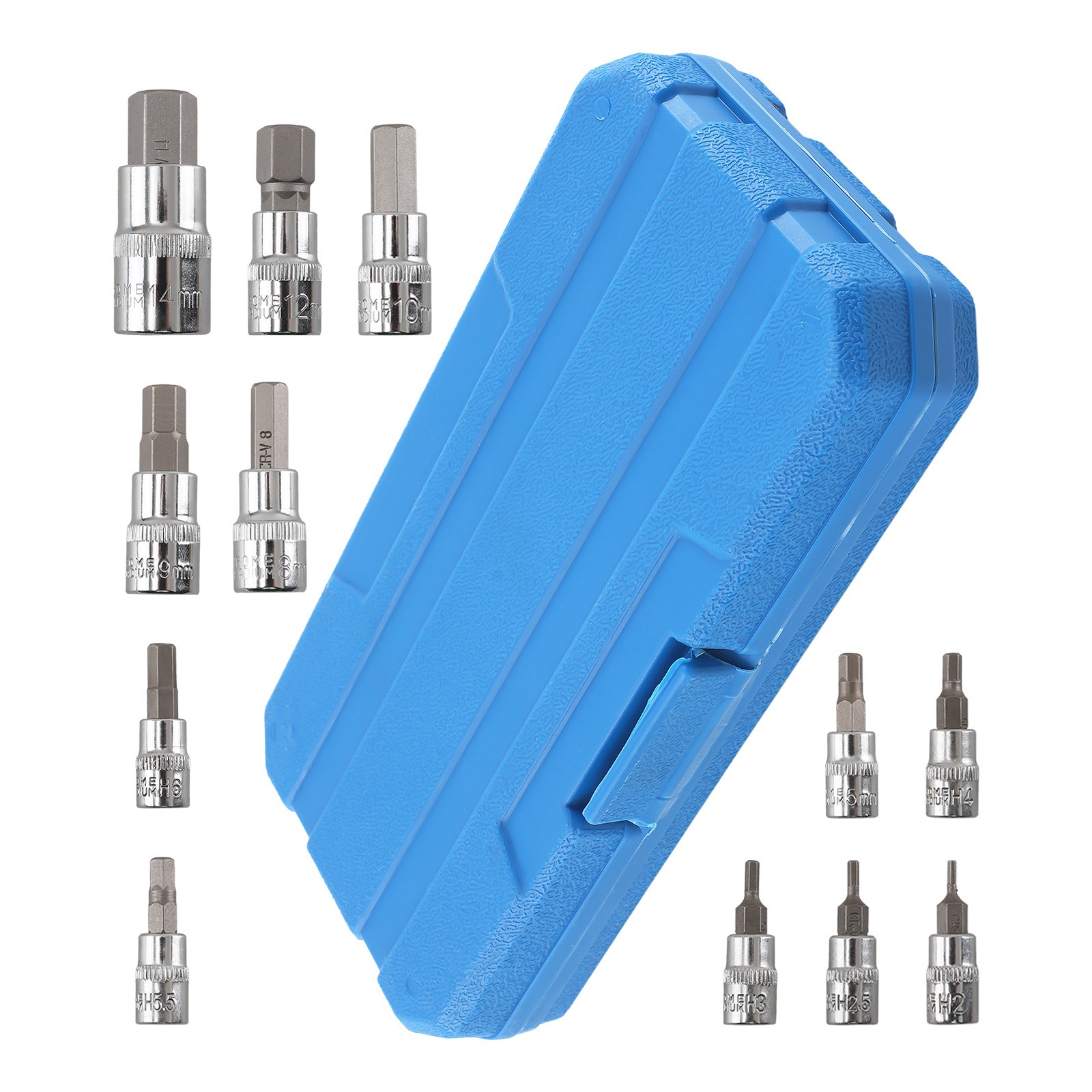 1/4 3/8 1/2 Drive 13pc Metric Hex Socket Bit Set CR-V S2 Steel 2mm to 14mm Case