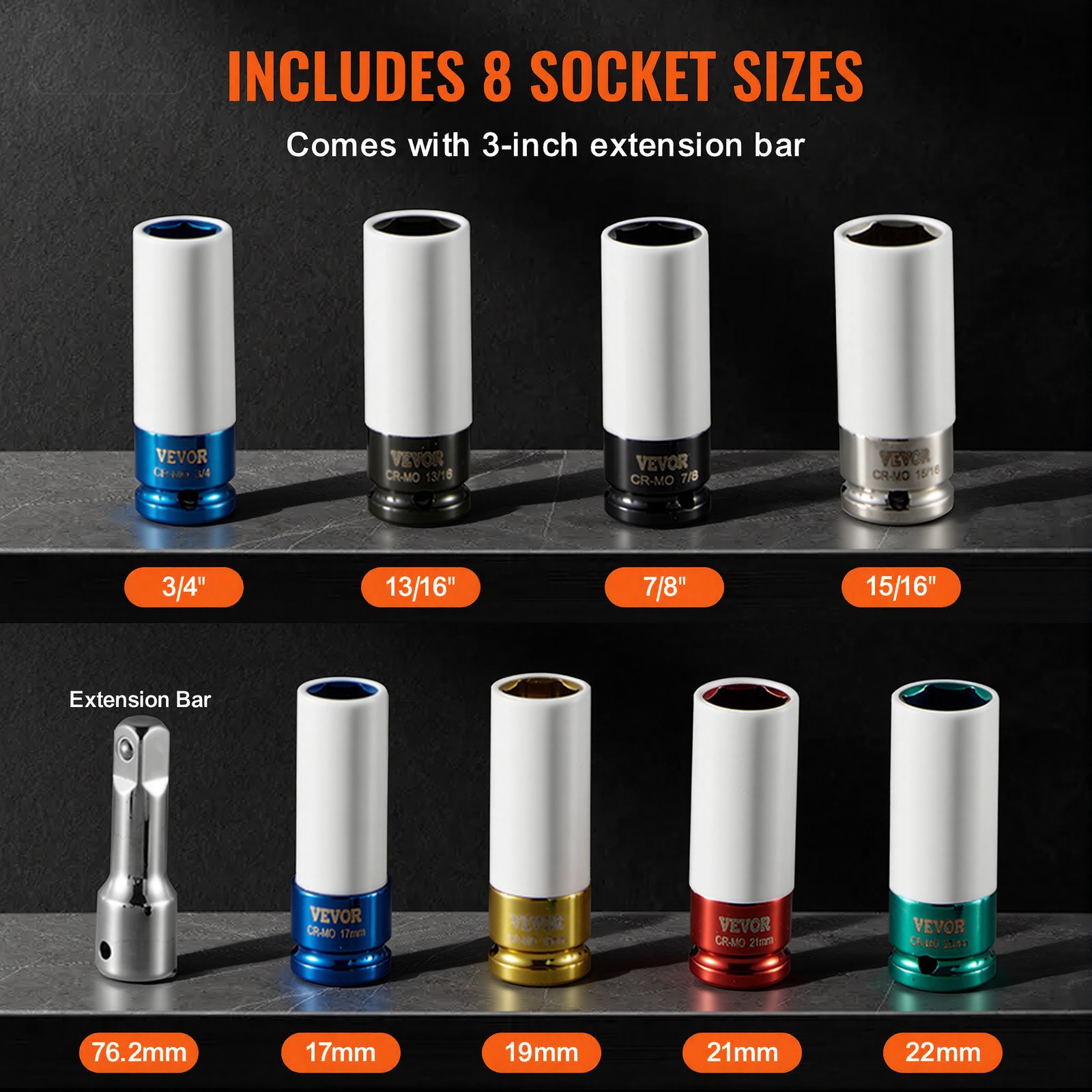 VEVOR Lug Nut Impact Socket Set 1/2 in Drive Metric and SAE 6-Point Deep Socket