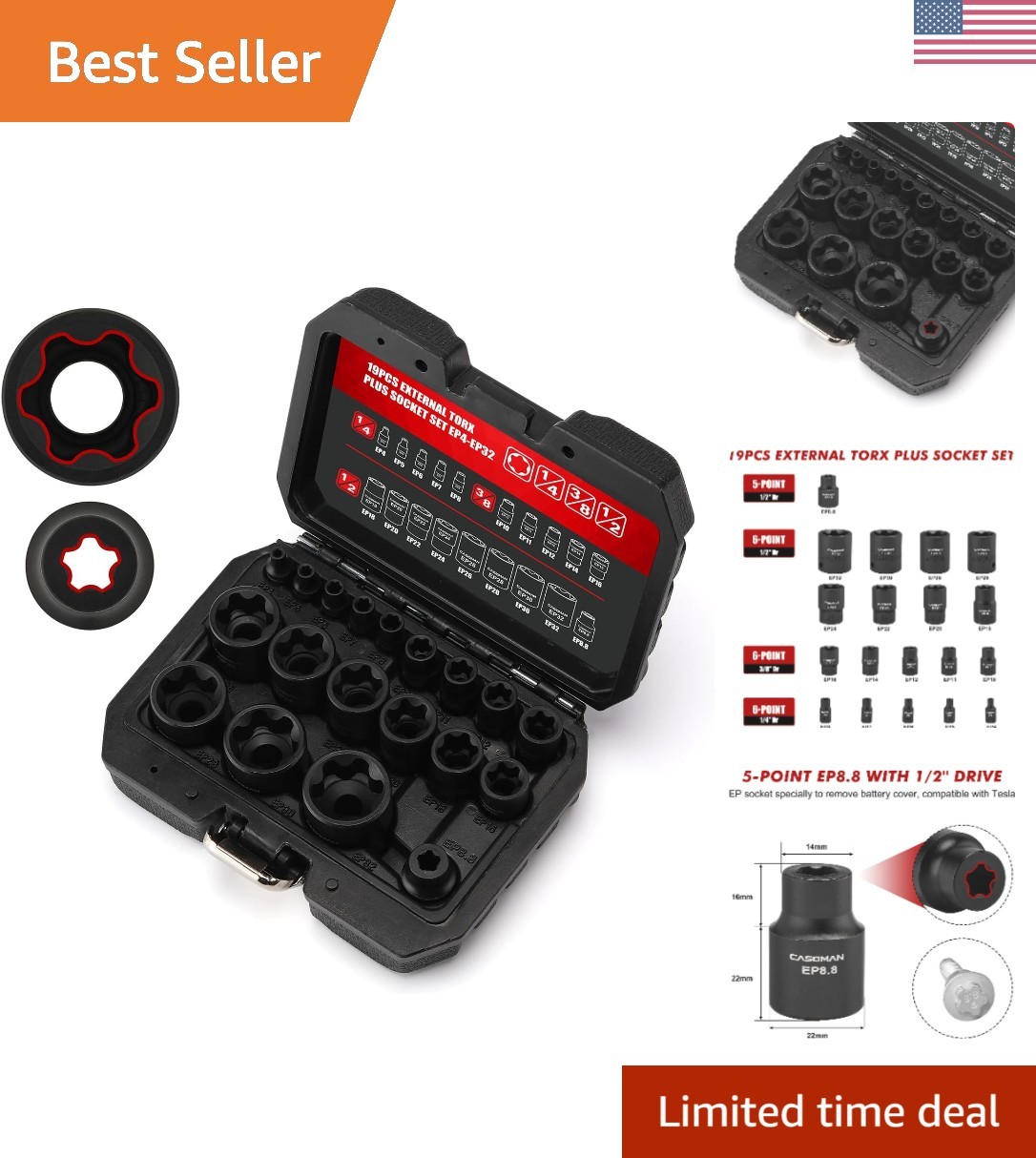 Complete 19-Piece Torx Plus Socket Set with Heavy-Duty Case – ANSI Compliant