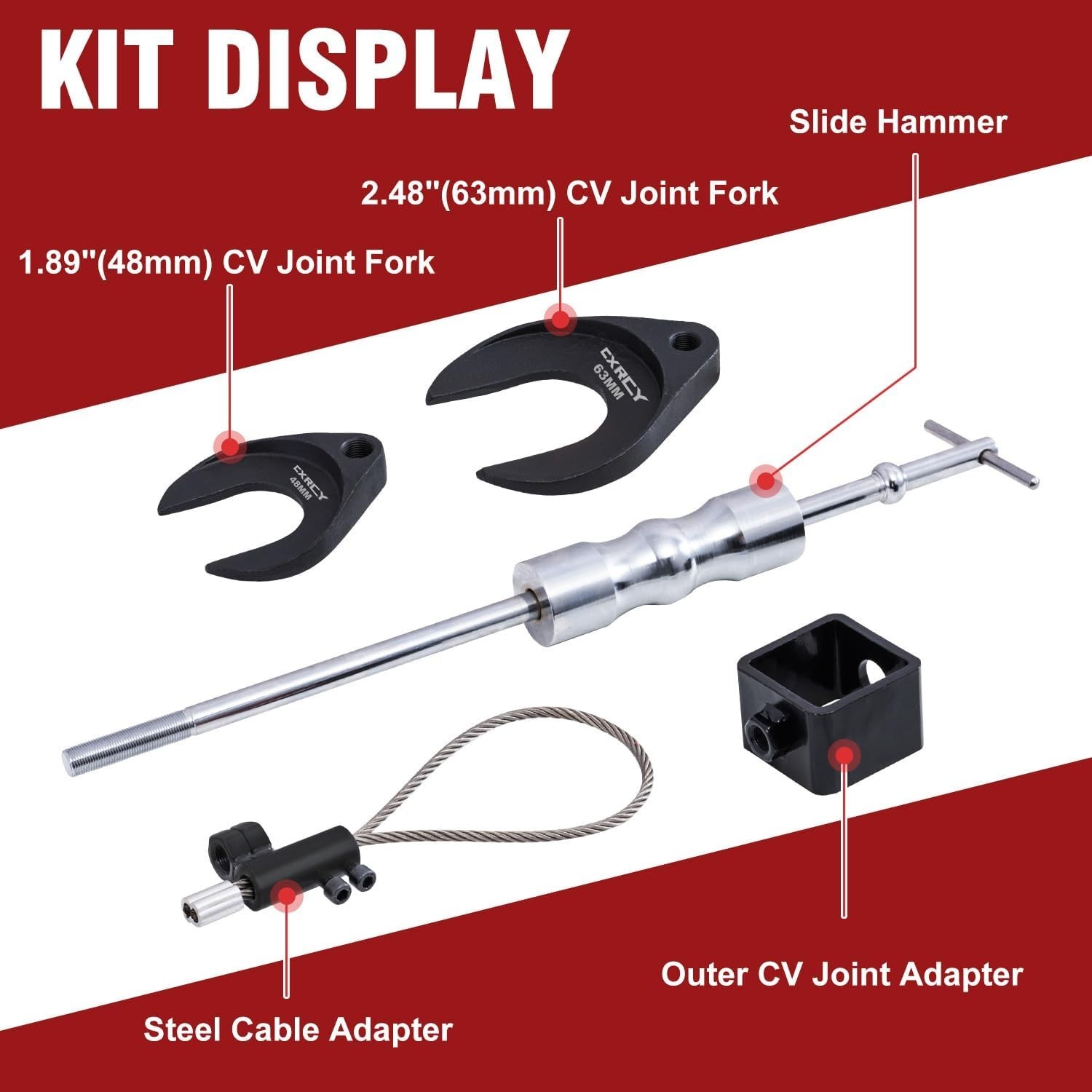 CV Axle Puller Removal Tool Kit w/48mm 63mm CV Joint Fork & 5/8″-18 Slide Hammer
