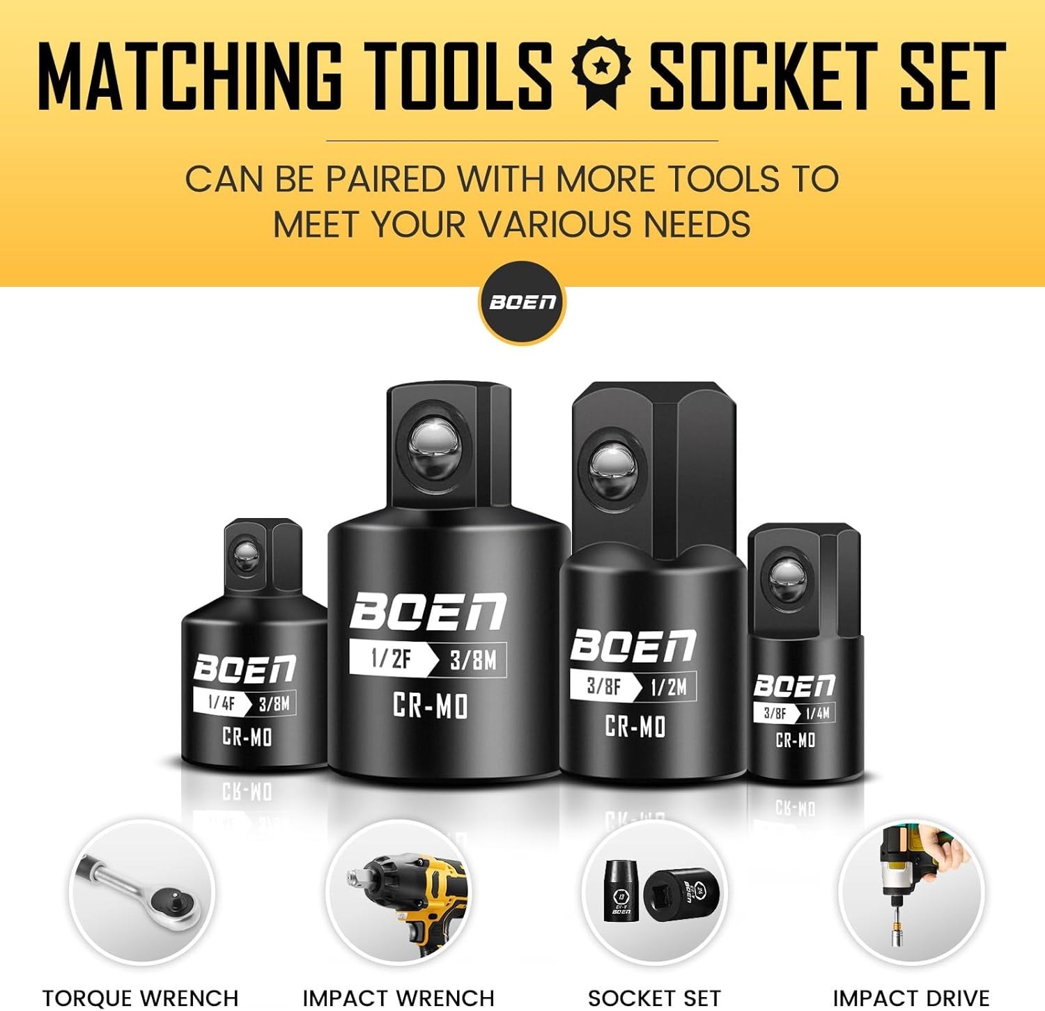Impact Socket Adapter Set 1/4″ 3/8″ 1/2″ Drive 4 Pieces