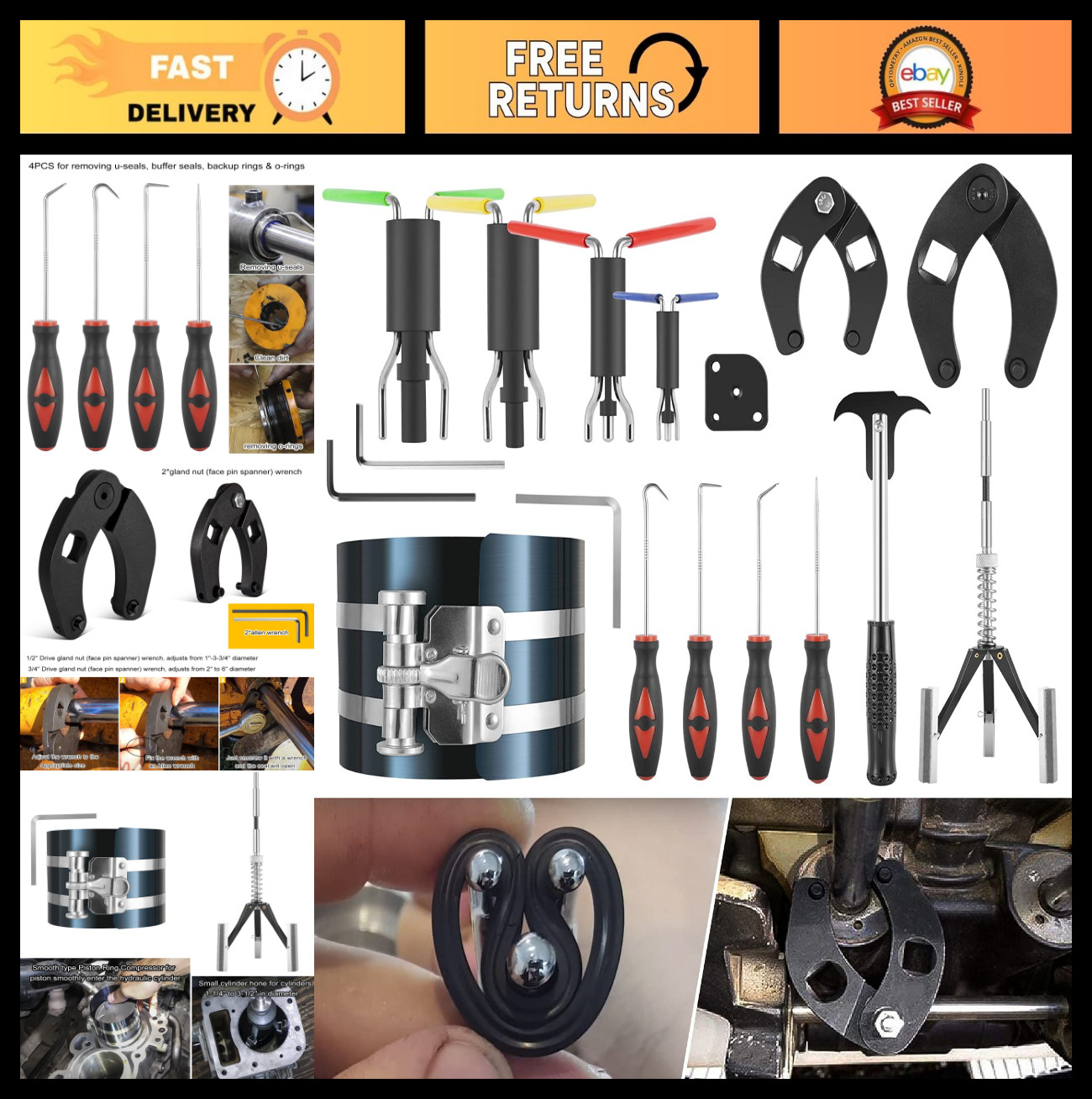 Hydraulic Cylinder Repair Tool Kit for Skid Steers, Loaders & Backhoes – 17pcs S