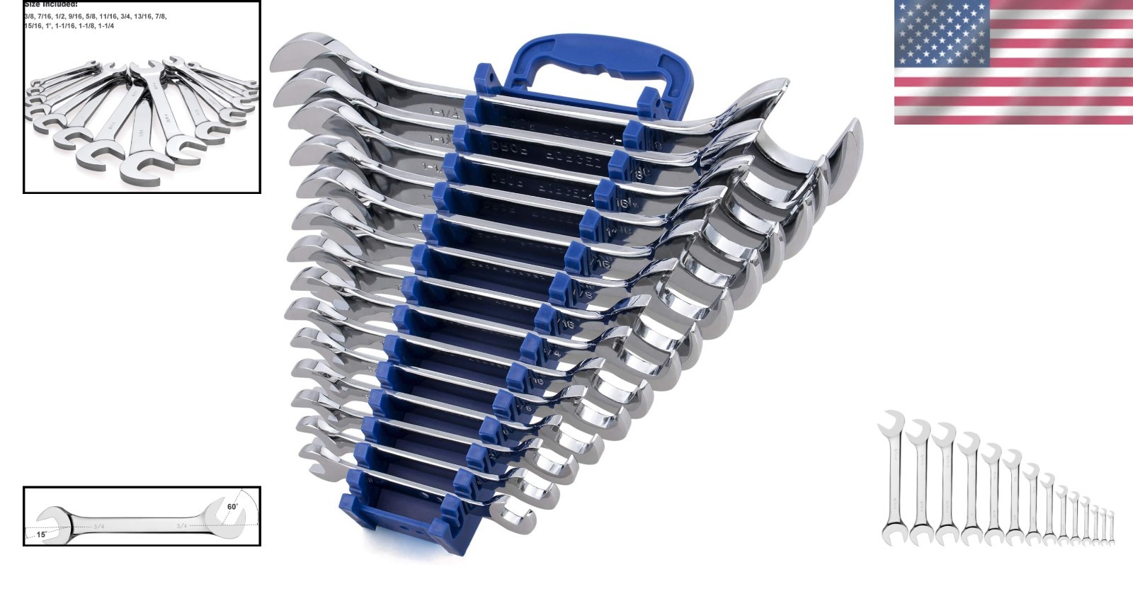 14-Piece Angle Head Open End Wrench Set, Chrome Vanadium Steel, Inch Sizes & Rac