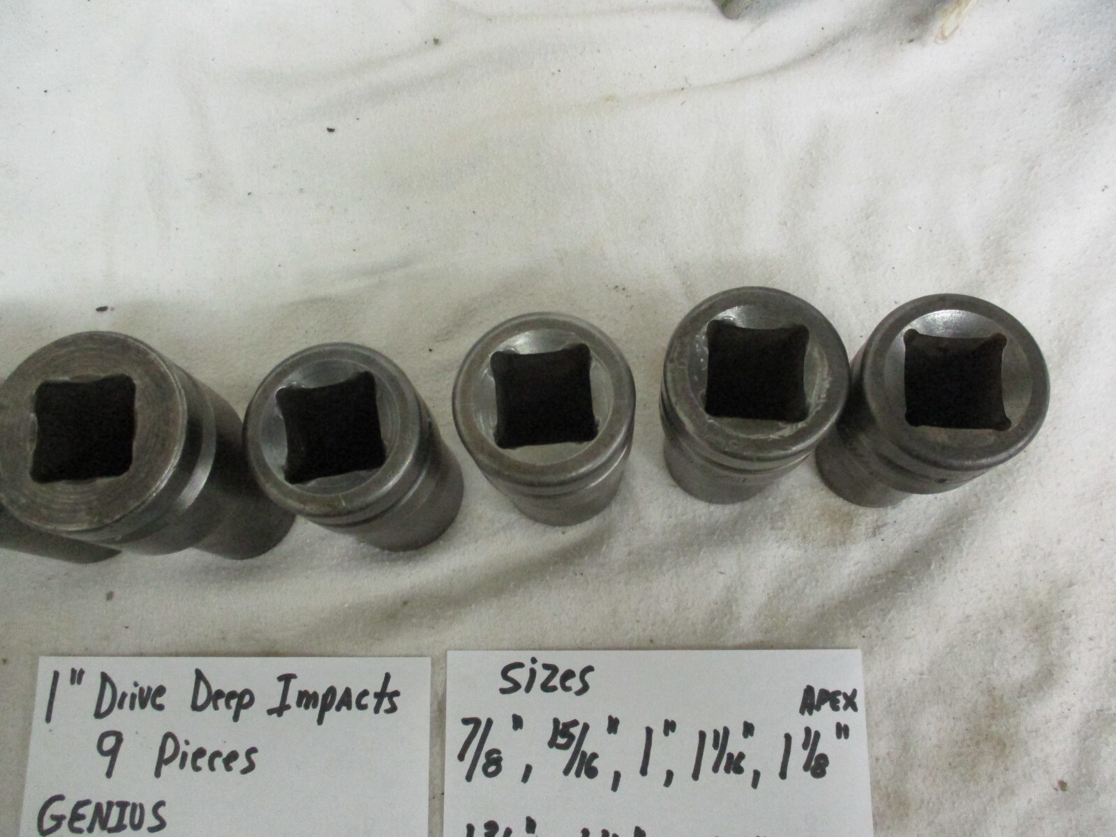 LOT of 9 Genius Tools 1″ Drive Deep Impact Sockets 6 Point SAE W/Sunex Adaptor
