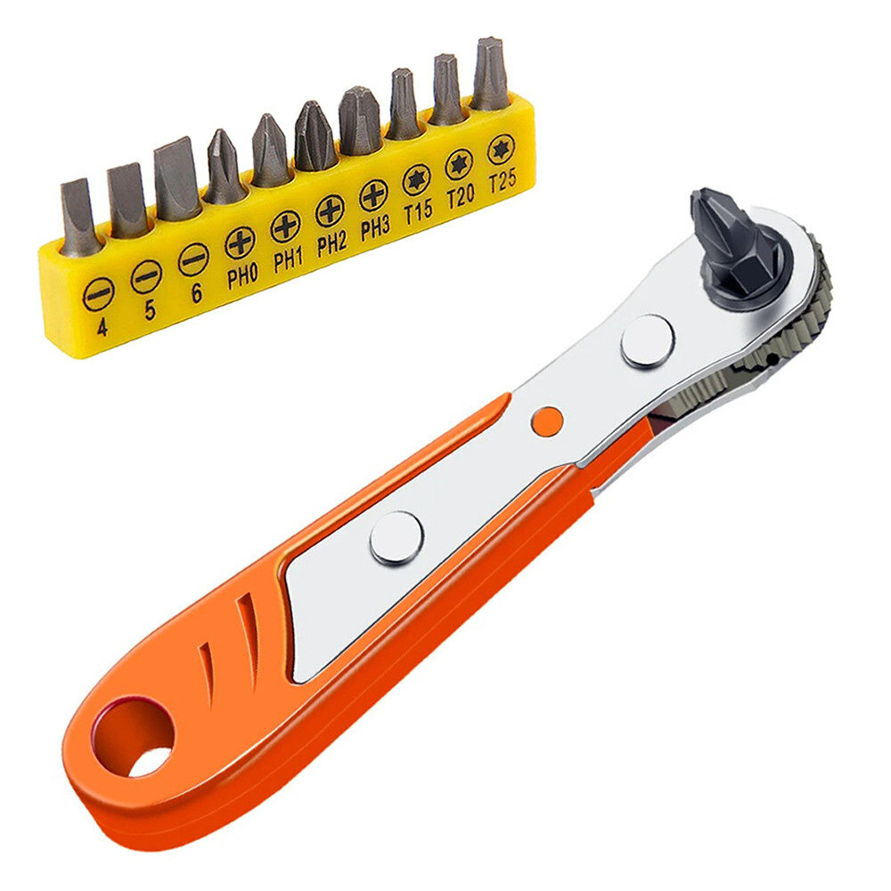 Ratcheting Right Angle Screwdriver Hex Drive 90 Degree Offset + 10pcs Bits Set