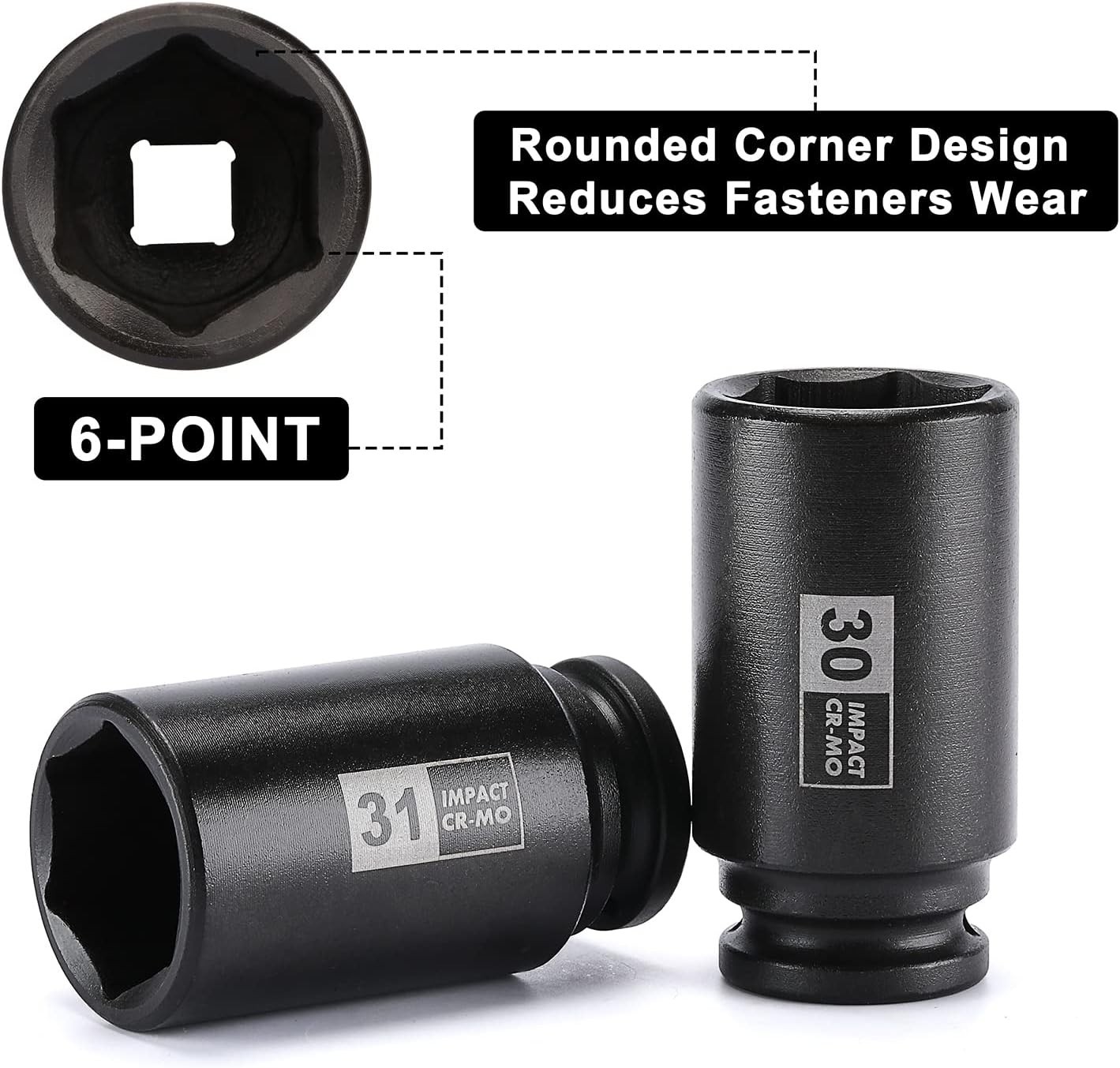9PCS 1/2 Inch Drive Deep Impact Socket Set, 29-38MM, Spindle Axle Nut Sockets, M