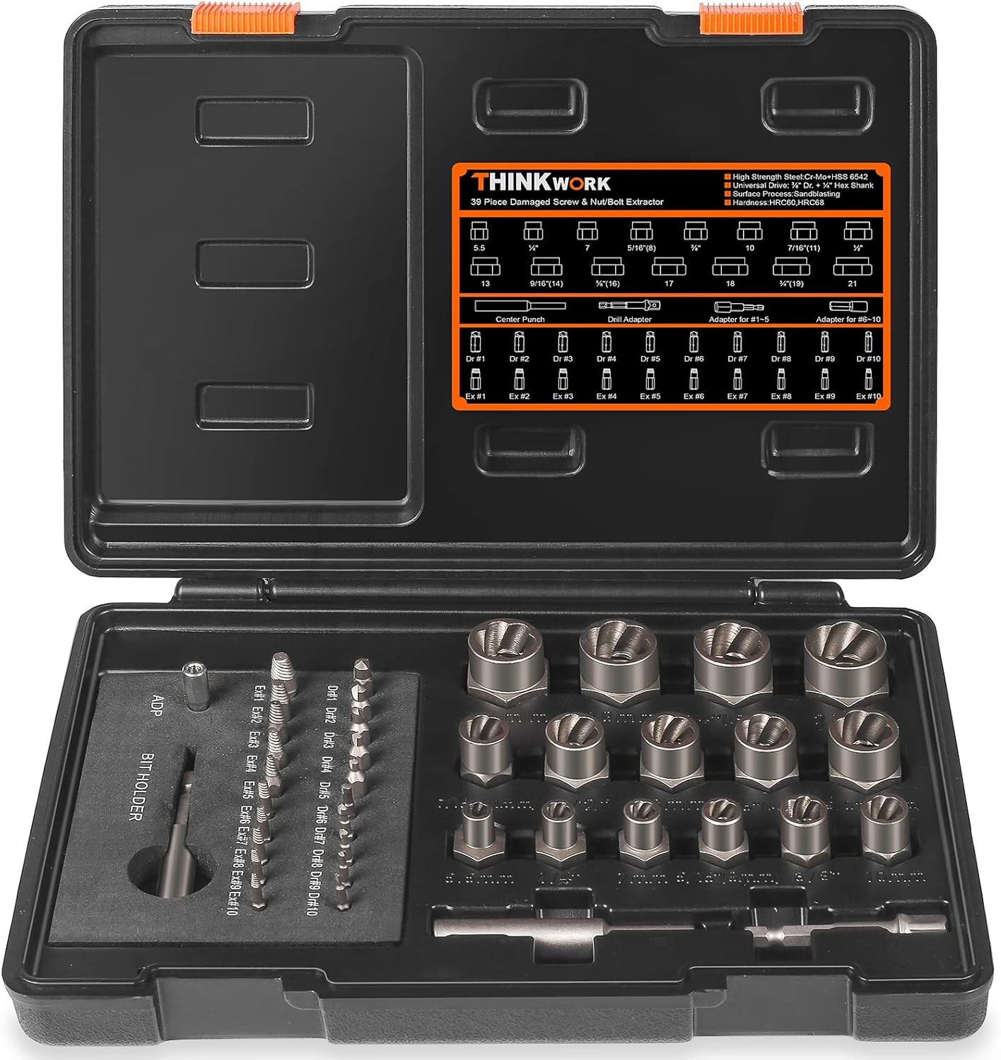 THINKWORK Damaged Screw Extractor Set, 2-21mm, 39-Piece Broken Bolt One Size