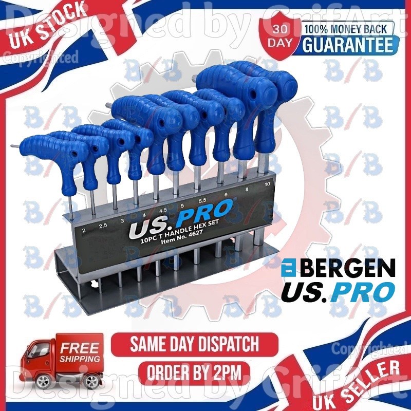 US PRO 10PC HEAVY DUTY HEX KEY SET DOUBLE ENDED METRIC T BAR HANDLE ALLAN WRENCH