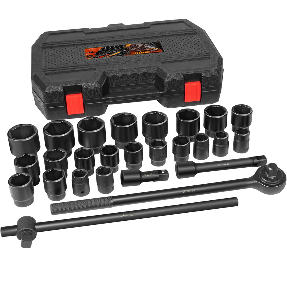 02499A 3/4″ Drive Impact Socket Tool 27pcs SAE 7/8″ to 2″ and Metric 22 to 50 mm