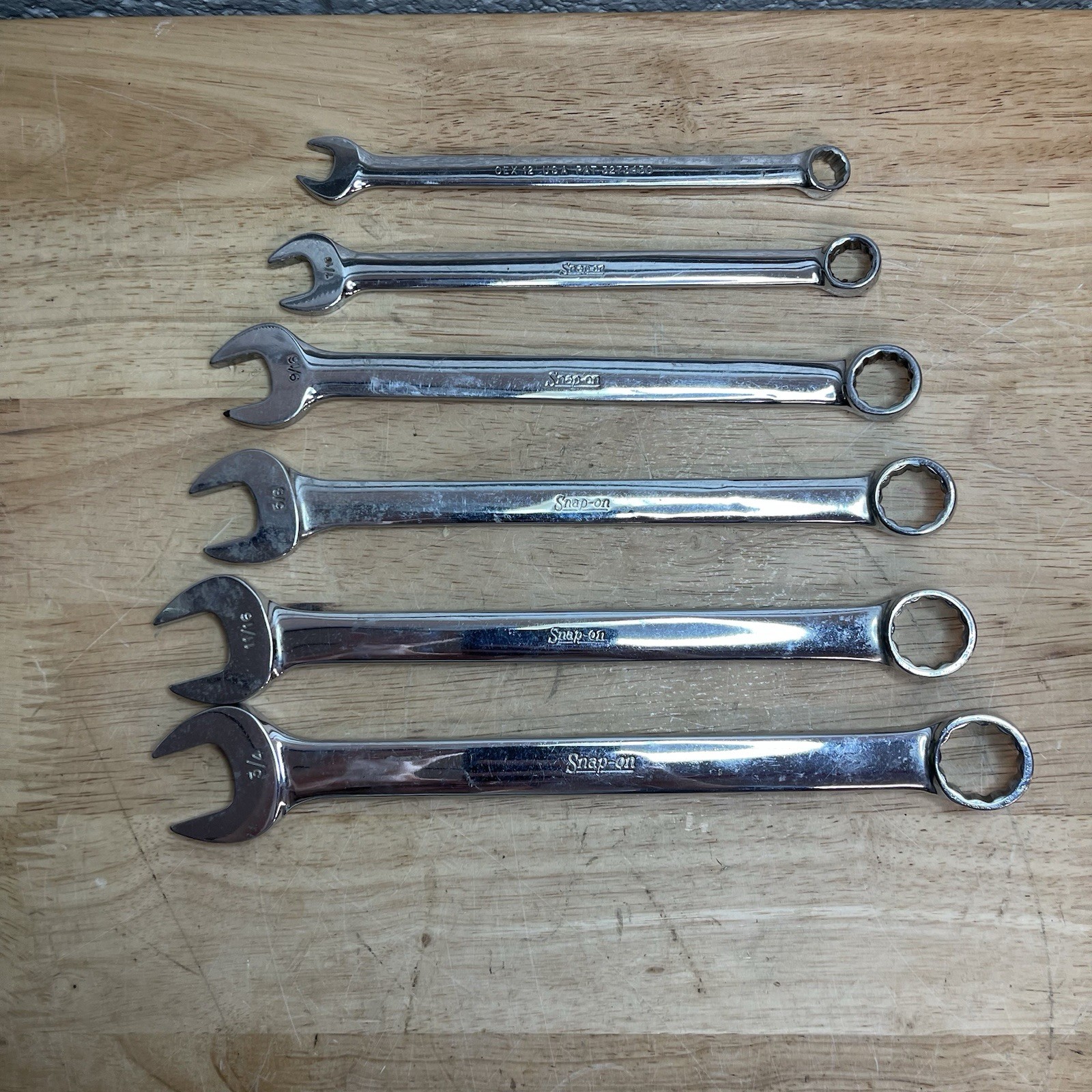 SNAP-ON 6 PC 12 PT COMBINATION WRENCHES (3/8″ OEX12- 3/4″ OEX24) USED.