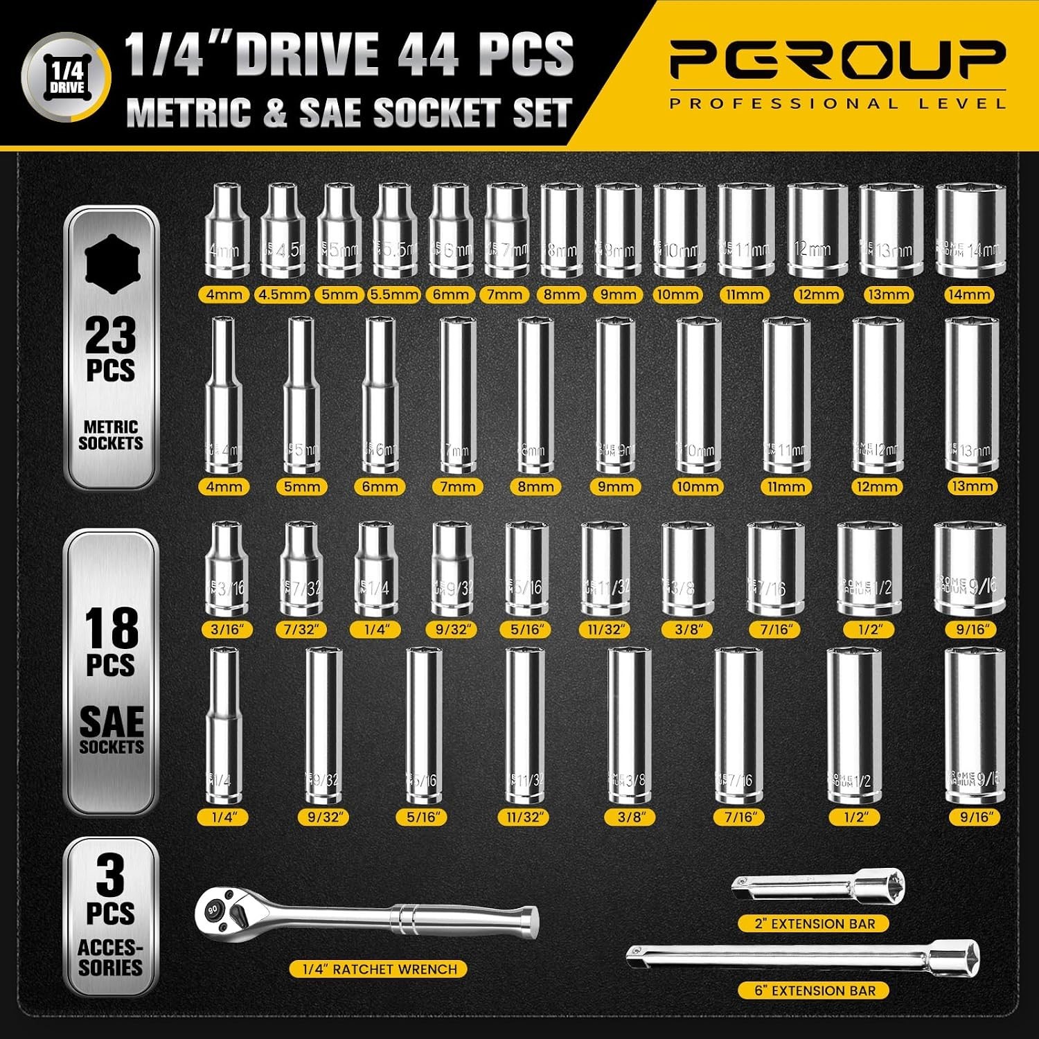 44-Piece 1/4 Inch Drive SAE (3/16 in – 9/16 in) & Metric (4 mm-14 mm) Socket Set