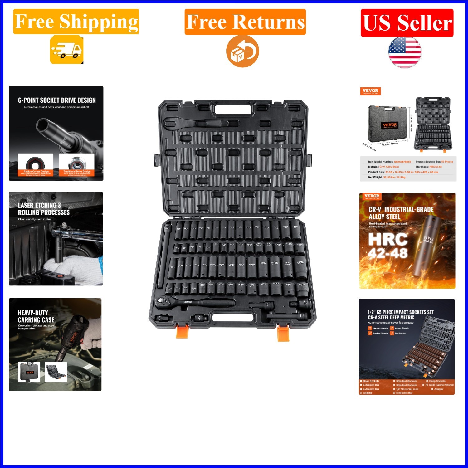 65-Piece Impact Socket Set, SAE & Metric, Chrome Vanadium Steel, Storage Case