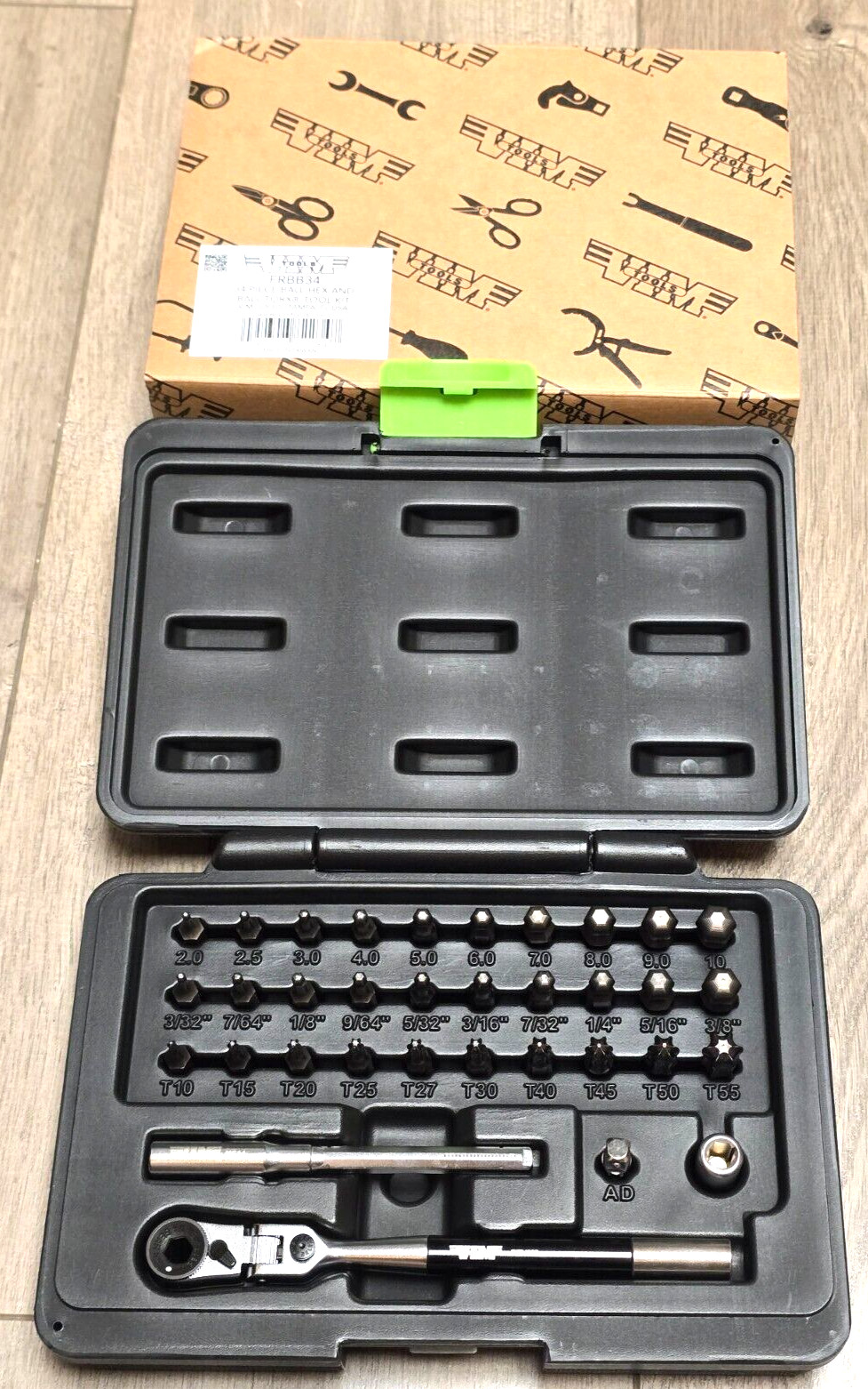 VIM PRO 34pc Ball Torx, SAE & Metric Hex Bit Set w/T-Handle/ Bit Ratchet #FRBB34