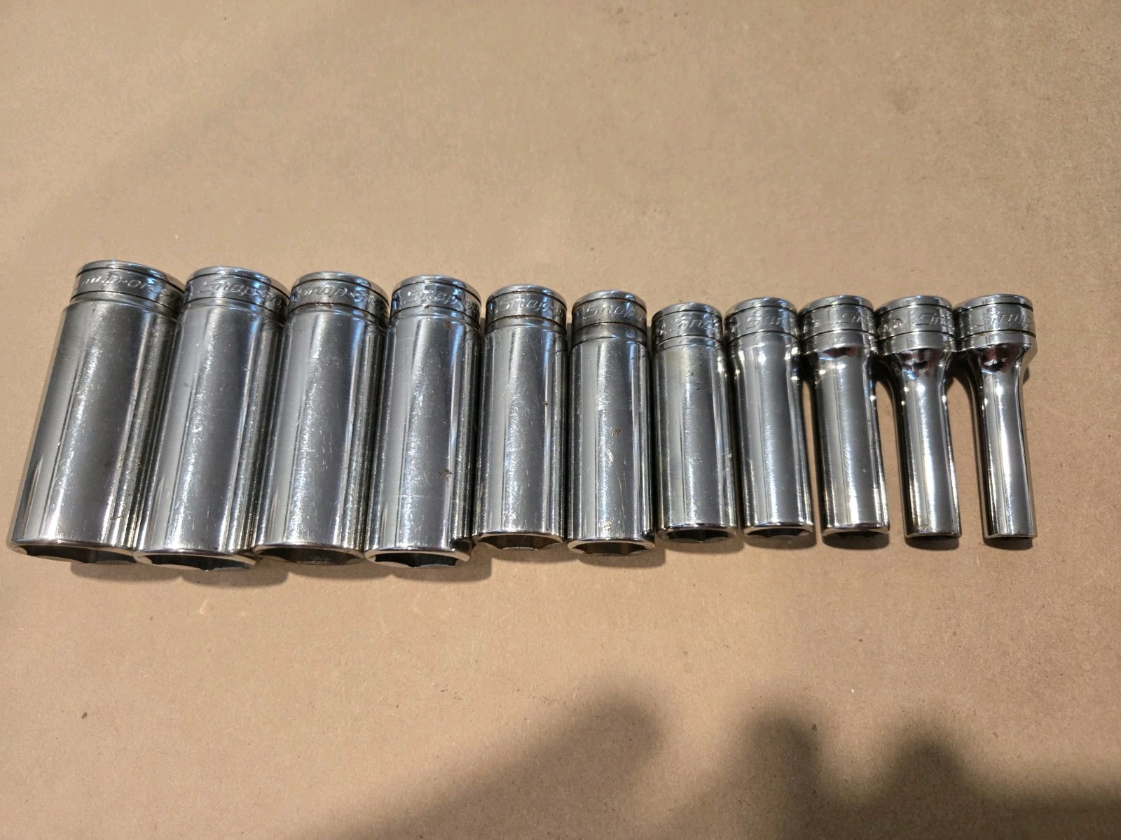 Snap On 3/8″ Drive 1/4″-7/8″ 6PT SAE Deep Chrome Sockets USA With Rack Lot Of 11