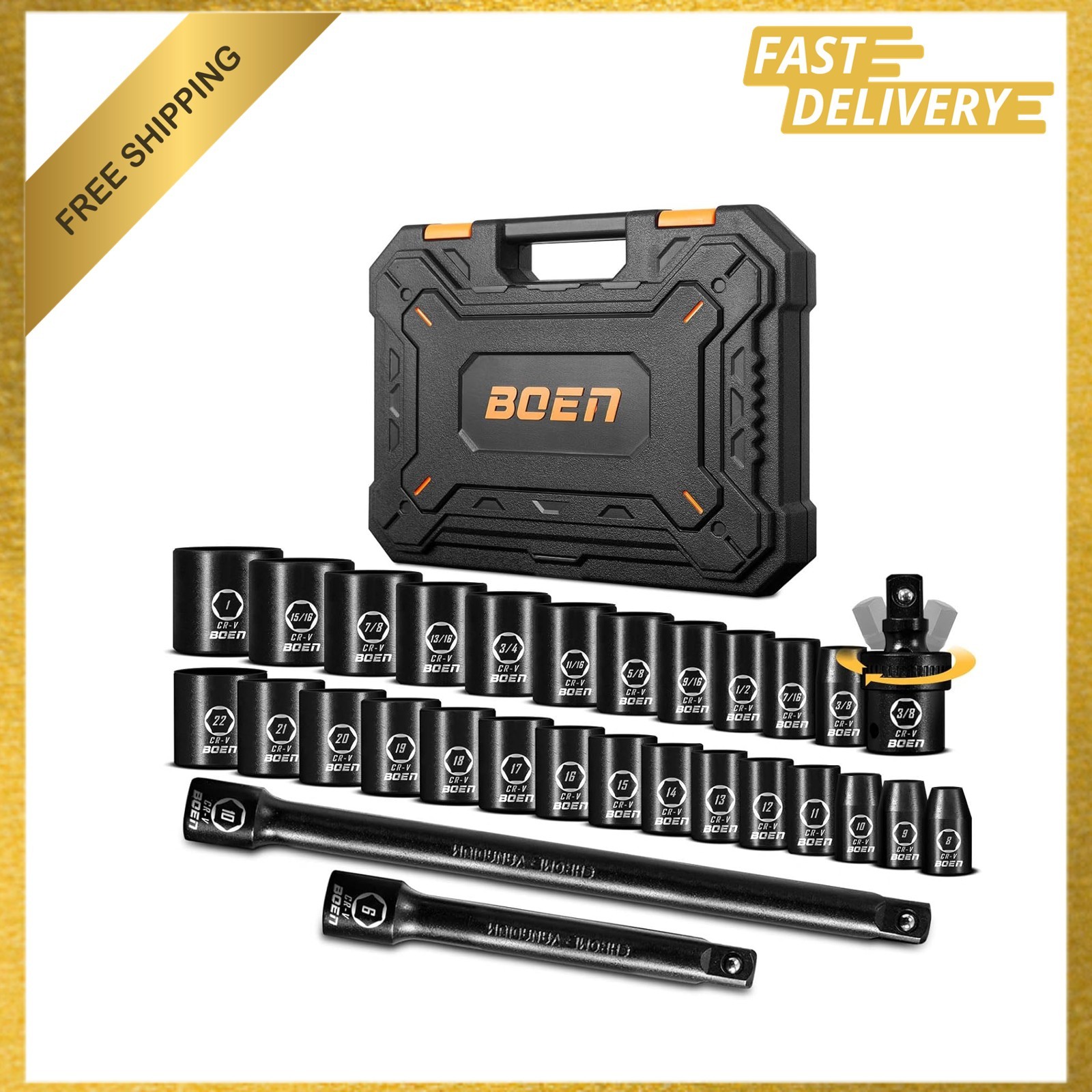 3/8 Inch Drive Impact Socket Set 29 Pieces Shallow SAE 3/8 to 1 Inches Metric 8