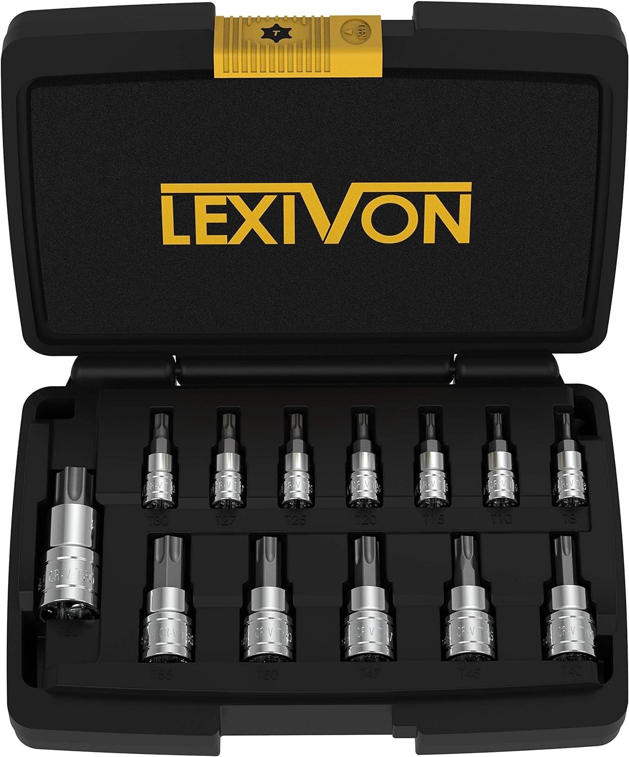 Lexivon Torx Bit Set | 13-Piece Star T8-T60 | Chrome Finish