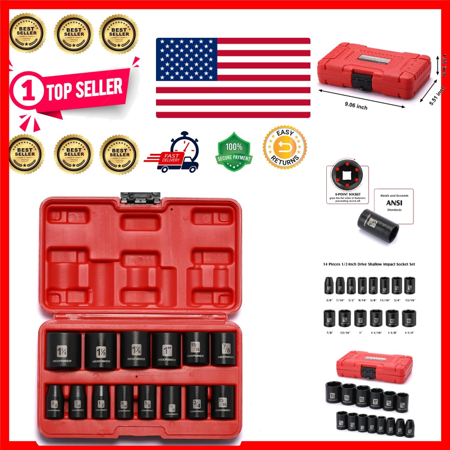 14-Piece Shallow Impact Socket Set with 1/2-Inch Drive & CR-V Finish